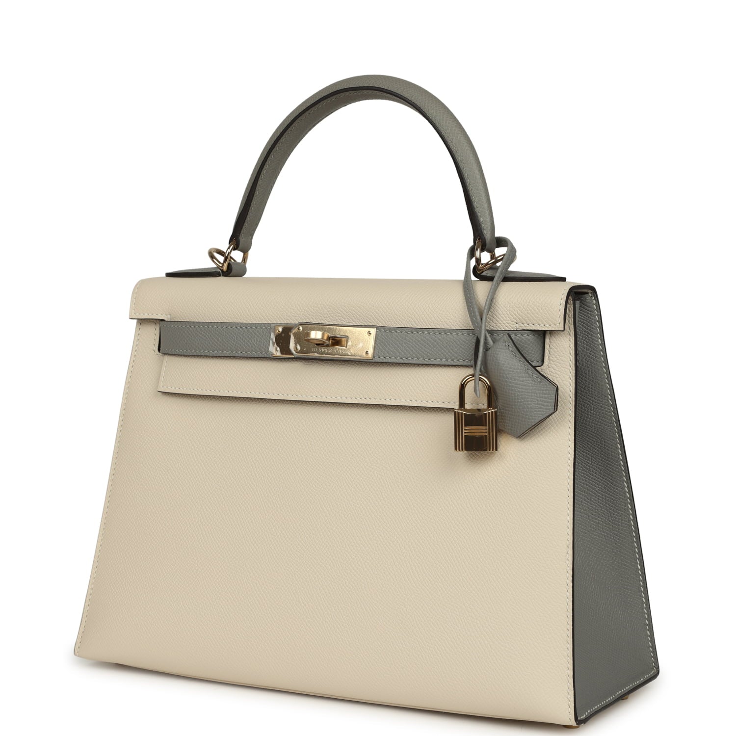 Hermes Special Order (HSS) Kelly Sellier 28 Craie and Gris Mouette Epsom Permabrass Hardware