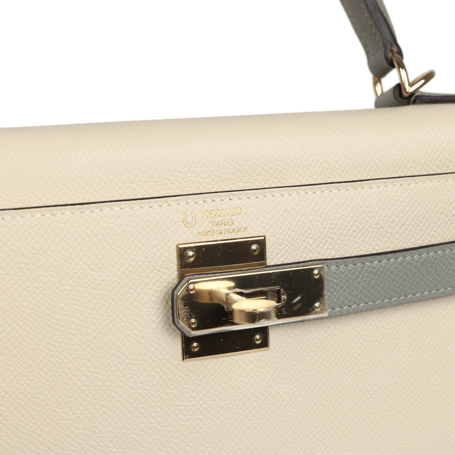 Hermes Special Order (HSS) Kelly Sellier 28 Craie and Gris Mouette Epsom Permabrass Hardware