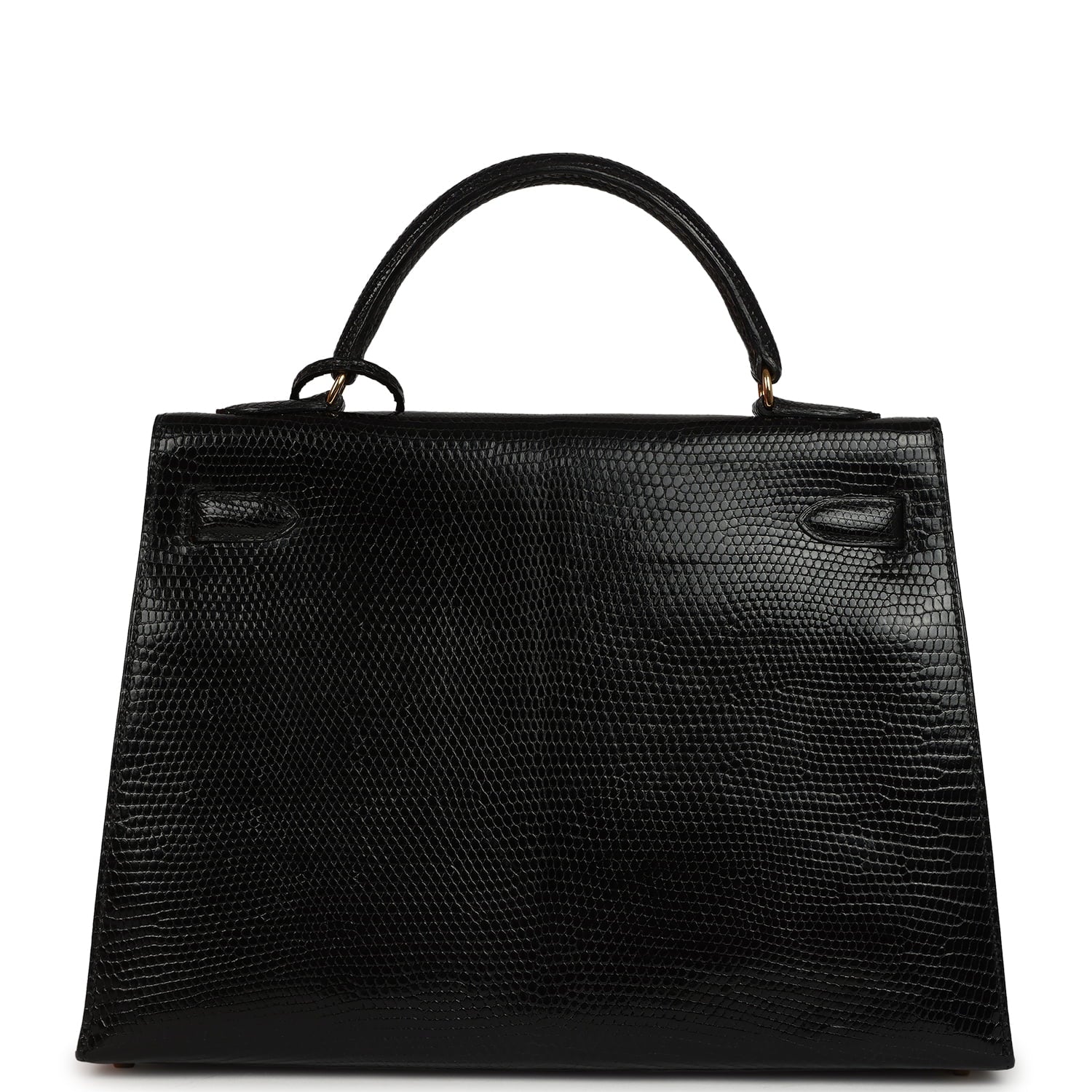 Vintage Hermes Kelly Sellier 32 Black Shiny Varanus Niloticus Lizard Gold Hardware