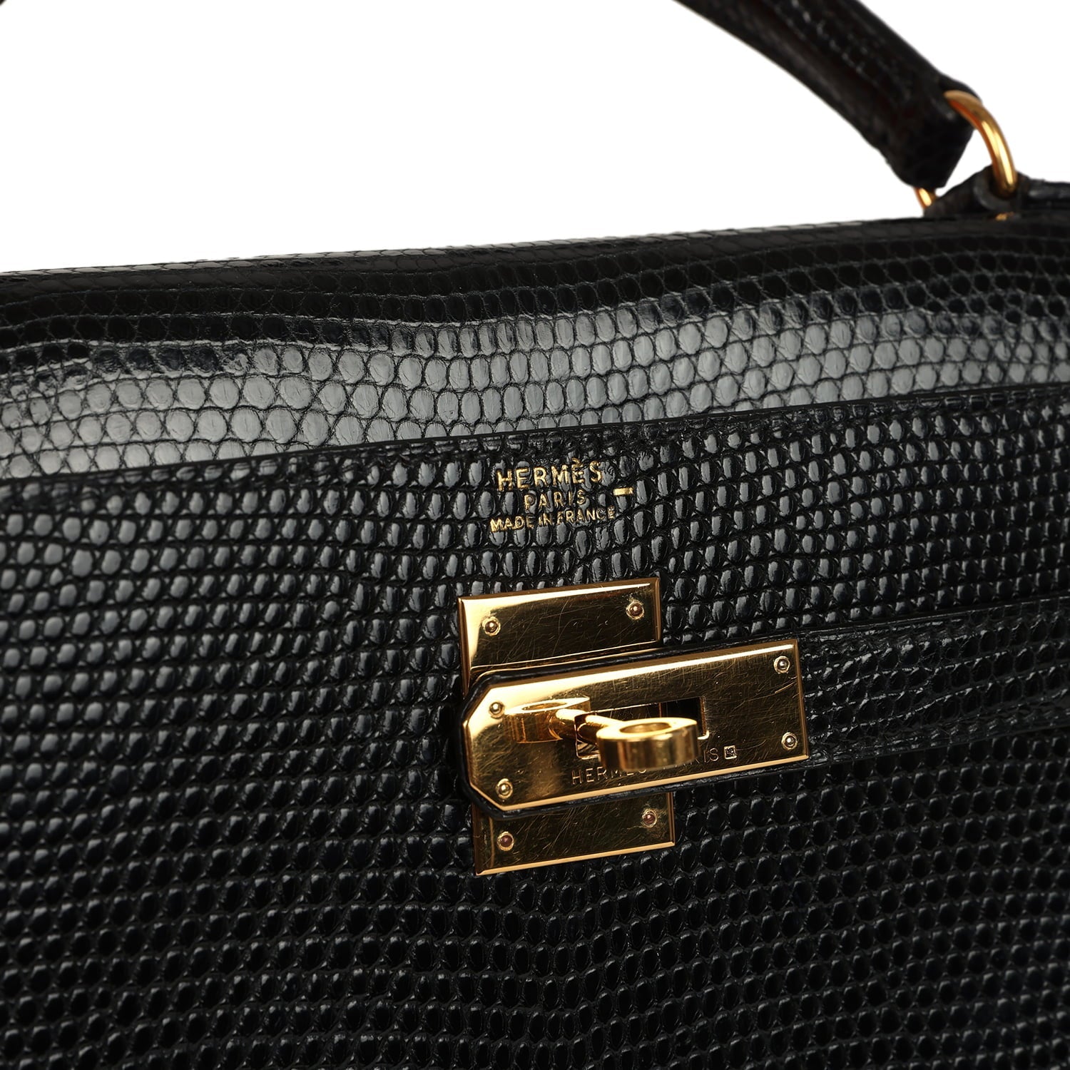 Vintage Hermes Kelly Sellier 32 Black Shiny Varanus Niloticus Lizard Gold Hardware