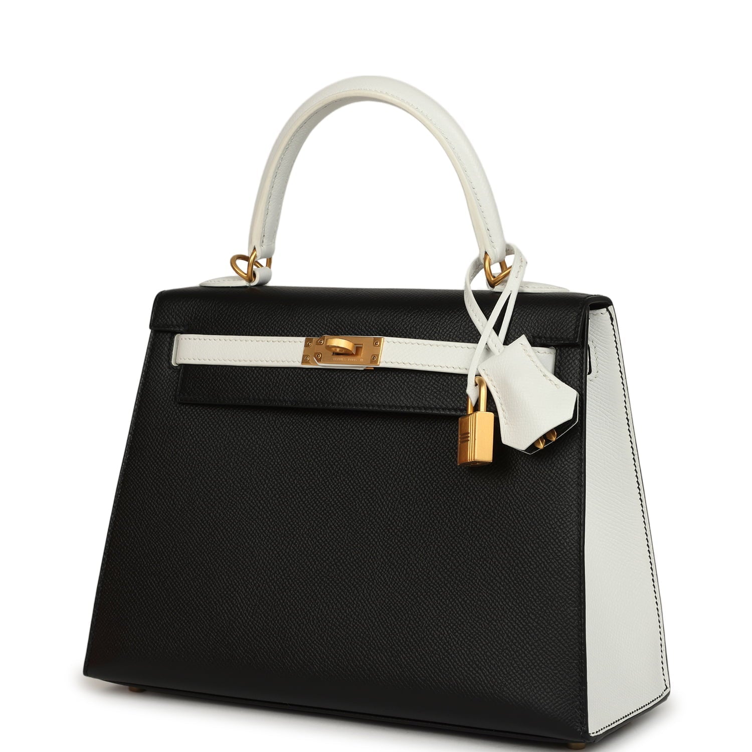 Hermes Special Order (HSS) Kelly Sellier 25 Black and White Epsom Brushed Gold Hardware