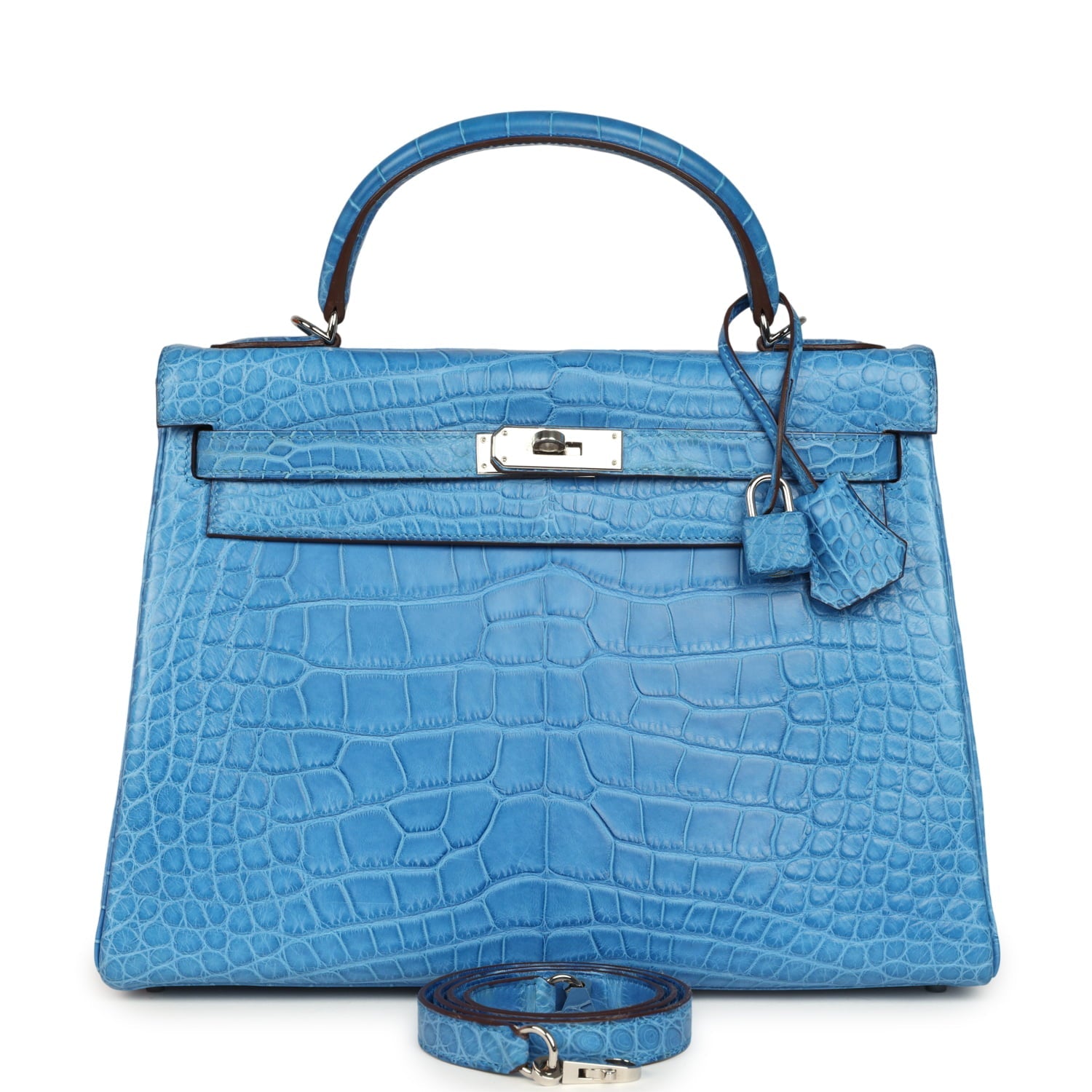 Pre-owned Hermes Kelly Retourne 32 Bleu Mykonos Matte Alligator Palladium Hardware