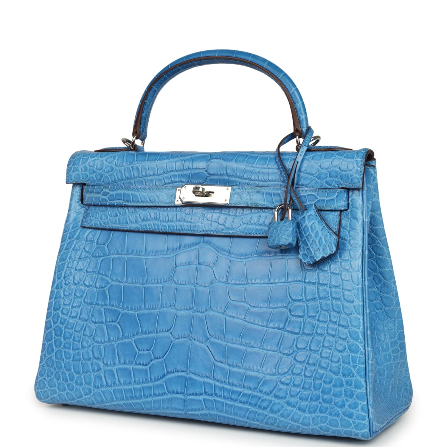 Pre-owned Hermes Kelly Retourne 32 Bleu Mykonos Matte Alligator Palladium Hardware