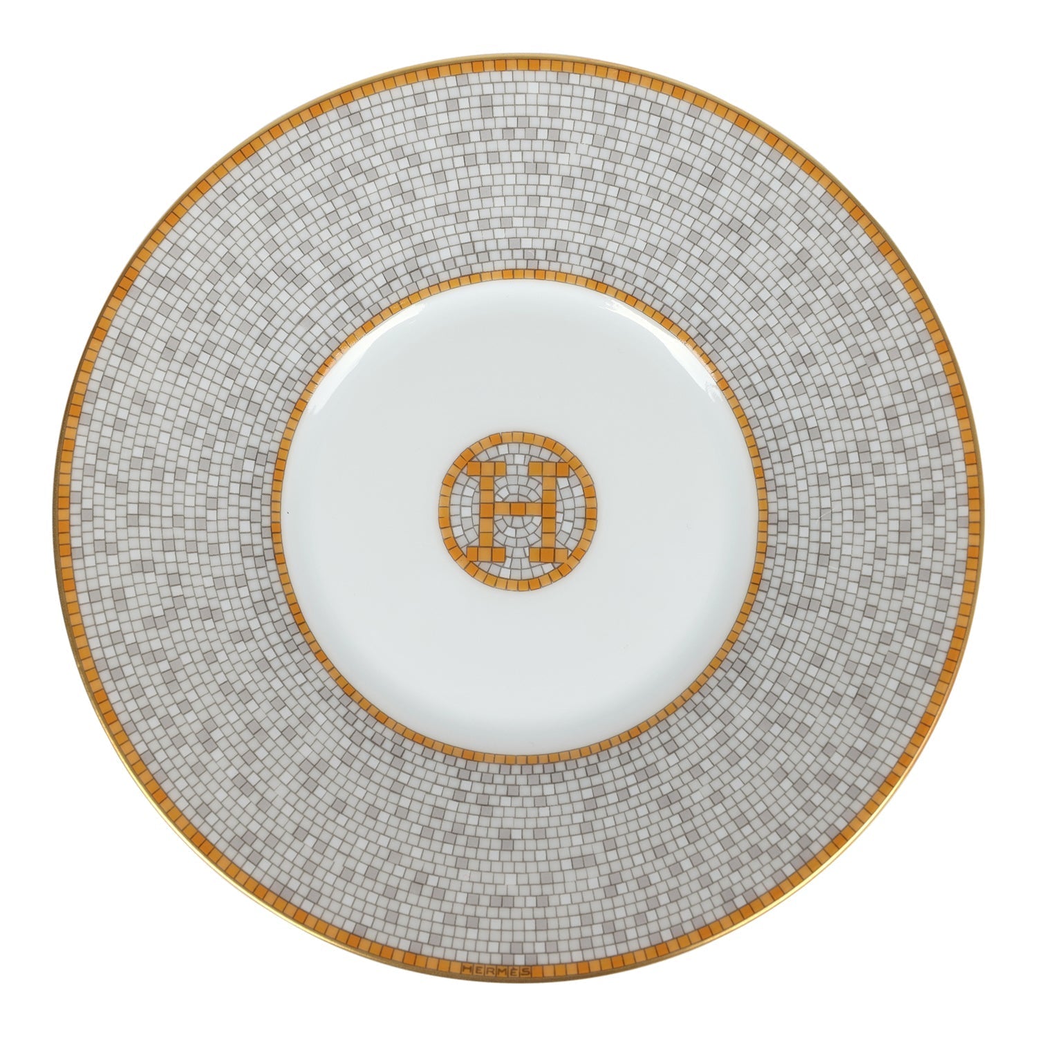 Hermes "Mosaique Au 24" White & Gold Porcelain Tea Cup and Saucer Set
