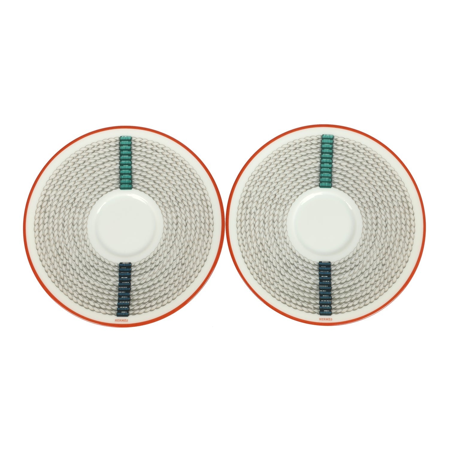 Hermes "Tressages Equestres" Orange, White and Blue Porcelain Coffee Cup & Saucer Set of 2