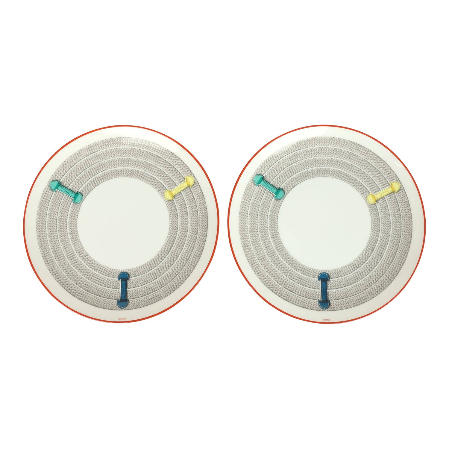 Hermes "Tressages Equestres" Orange, White and Blue Porcelain Dessert Plate Set of 2