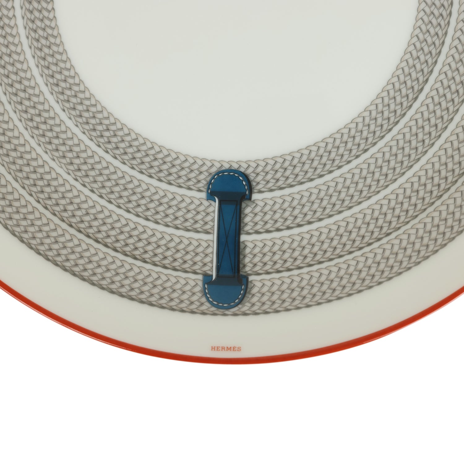 Hermes "Tressages Equestres" Orange, White and Blue Porcelain Dessert Plate Set of 2
