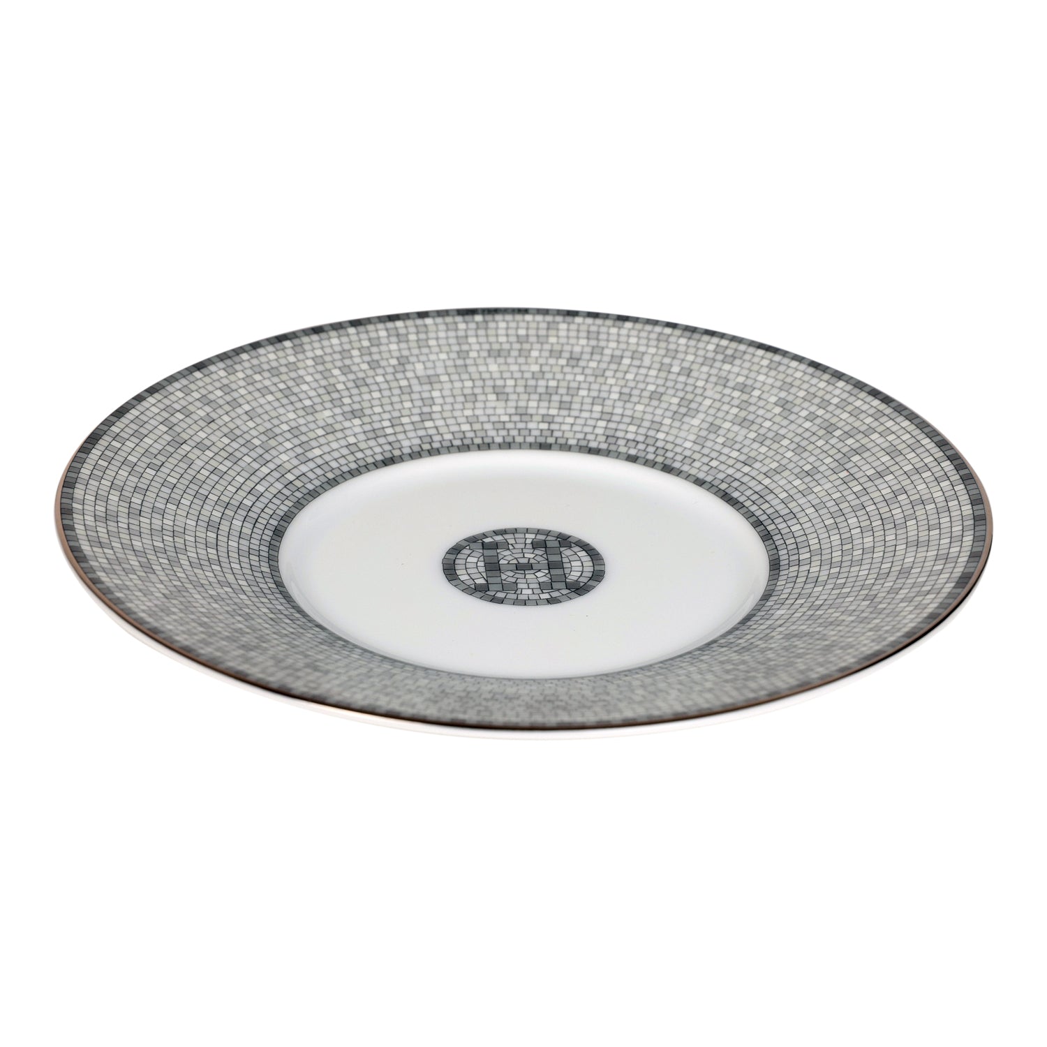Hermes "Mosaique Au 24" White & Grey Porcelain Tea Cup and Saucer Set