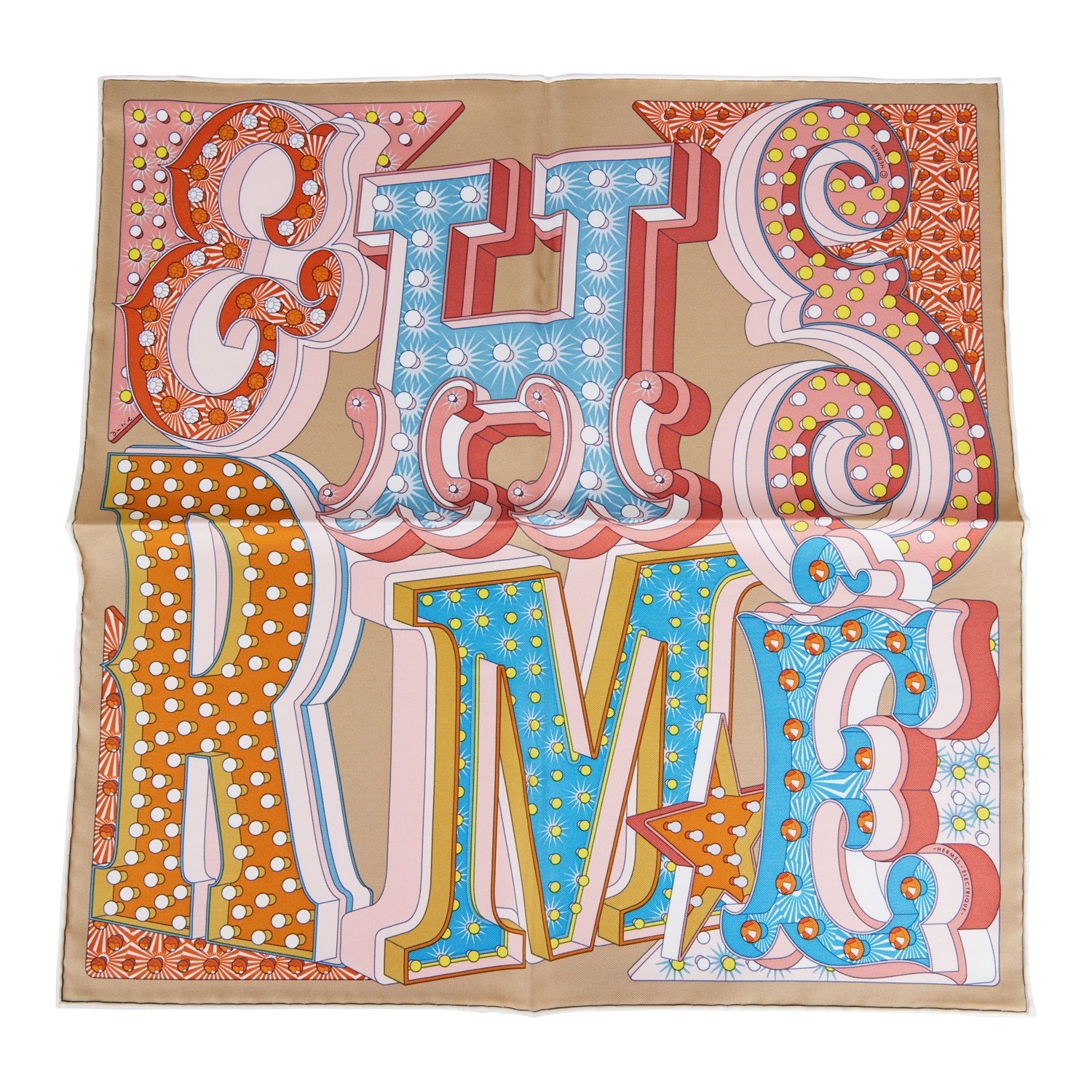Hermes "Gavroche Electrique" Beige Silk Pocket Square Scarf 45cm