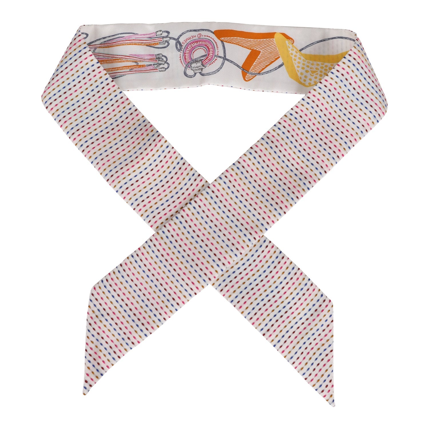 Hermes "Chevaloscope Pointille" White Silk Twilly Pair