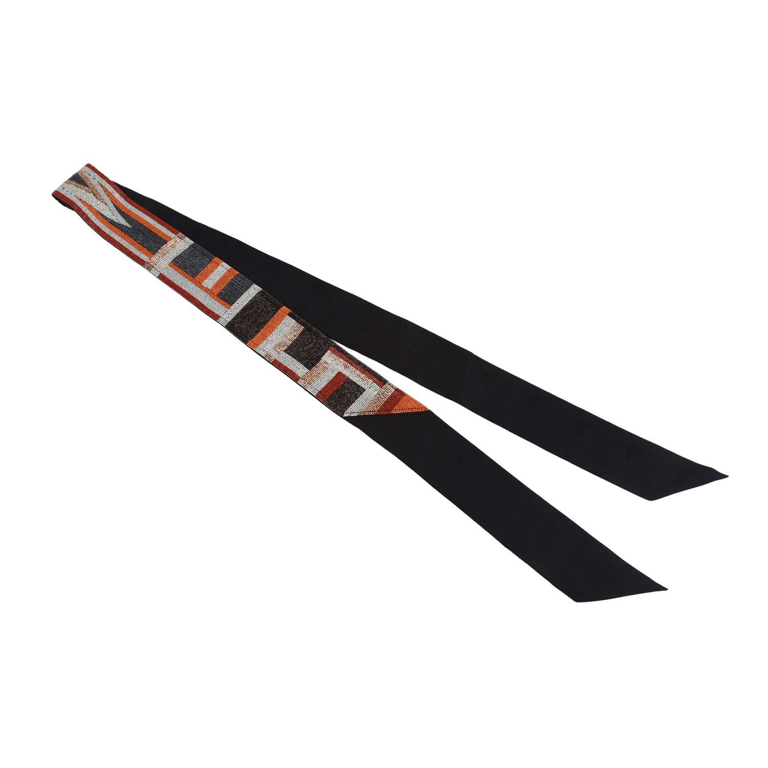 Hermes "Tresses H" Embroidered Black, Rouge H and Argent Silk Twilly