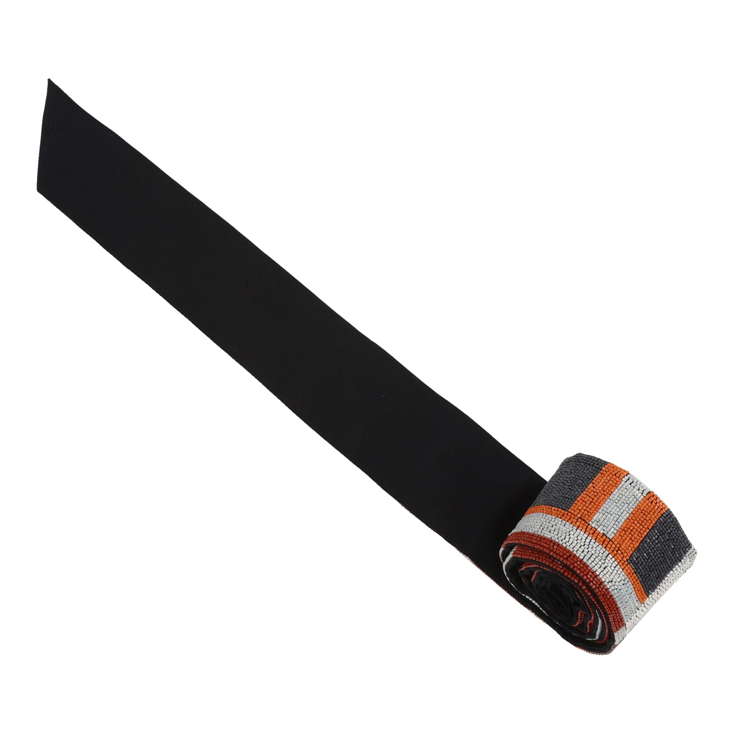 Hermes "Tresses H" Embroidered Black, Rouge H and Argent Silk Twilly
