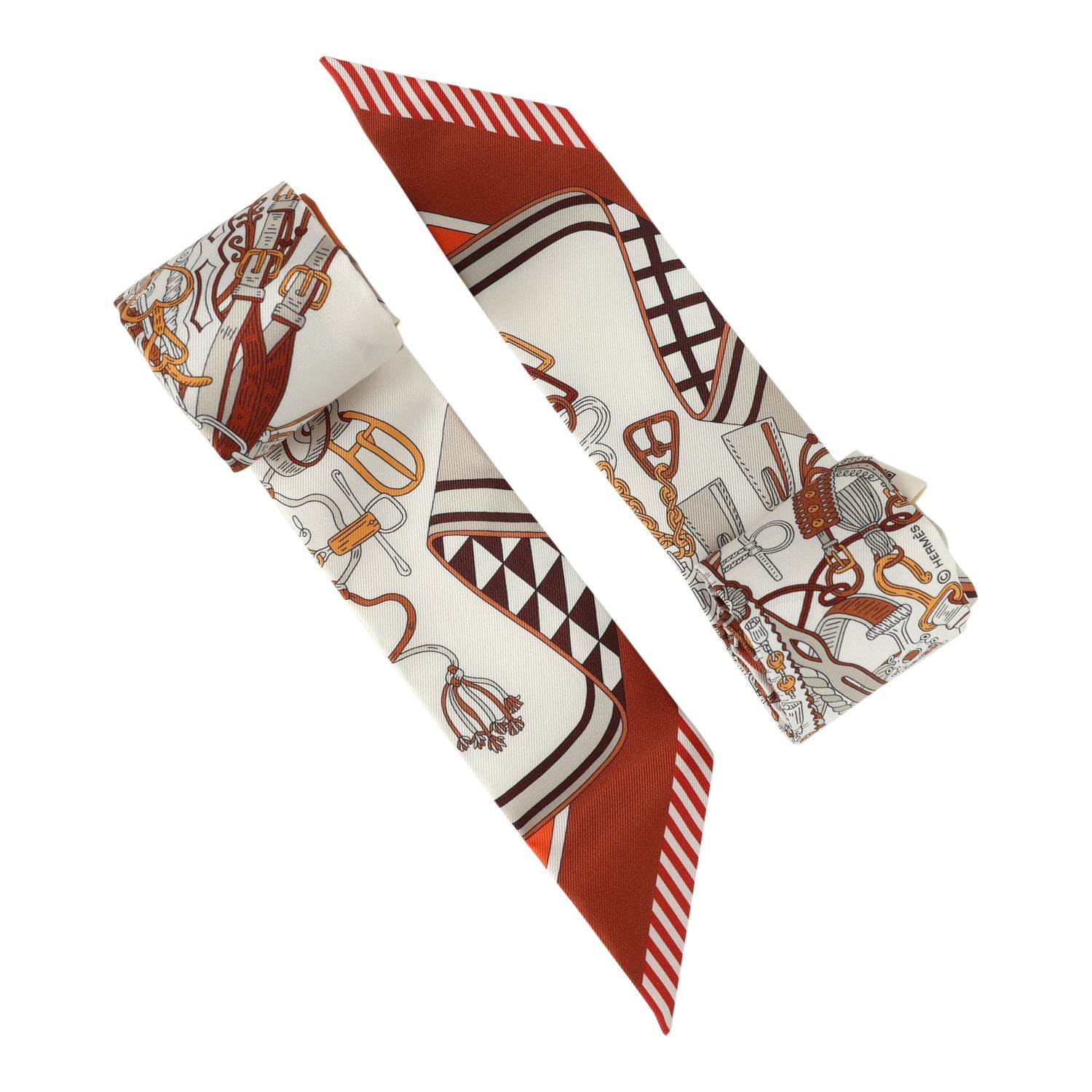 Hermes "Bouquets Sellier" Blanc, Alezan and Etoupe Multi Silk Twilly Pair