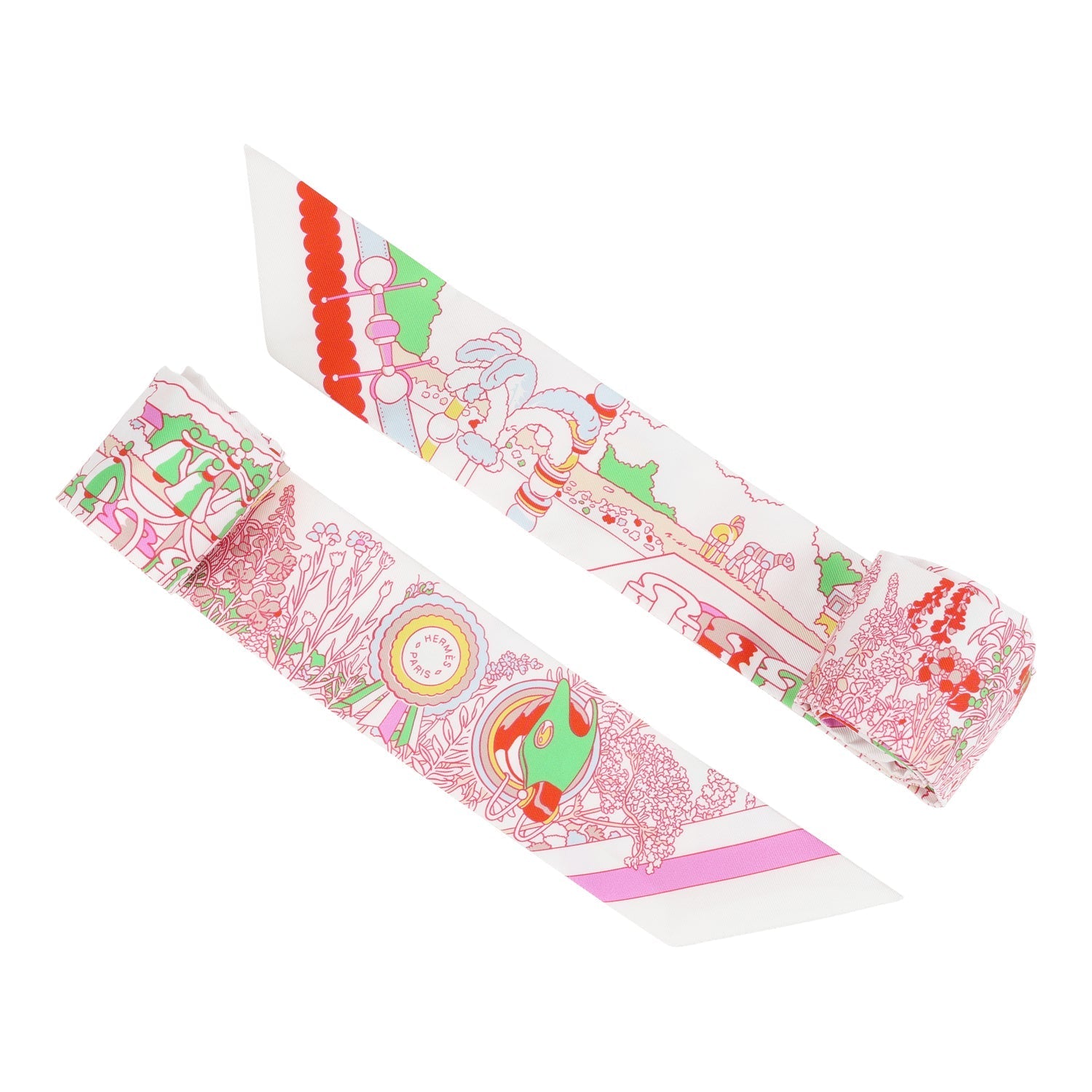 Hermes "Pony Pit Stop" Blanc, Rose and Multi Silk Twilly Pair