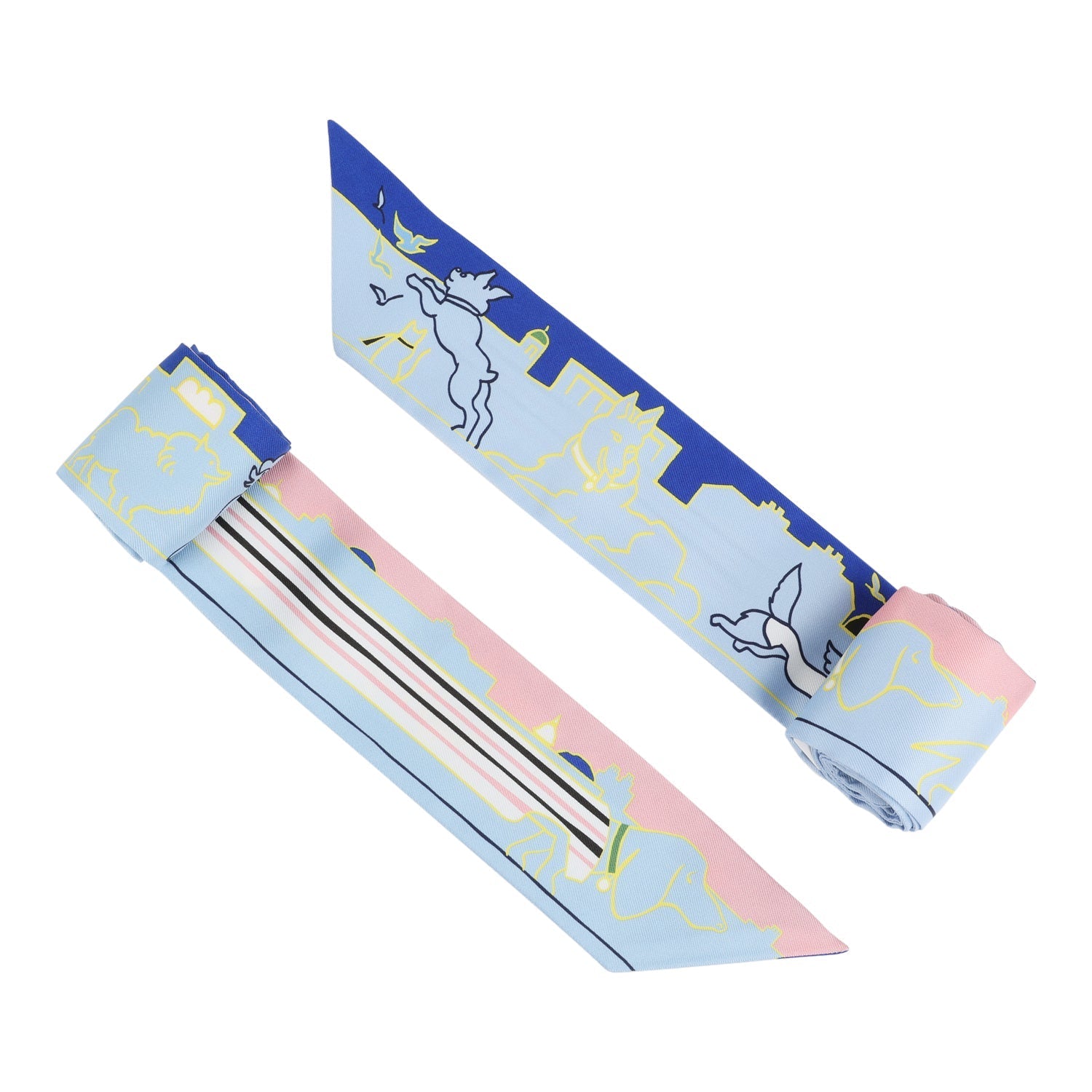 Hermes "Les Chiens Parisiens" Jaune, Bleu Ciel and Rose Multi Silk Twilly Pair