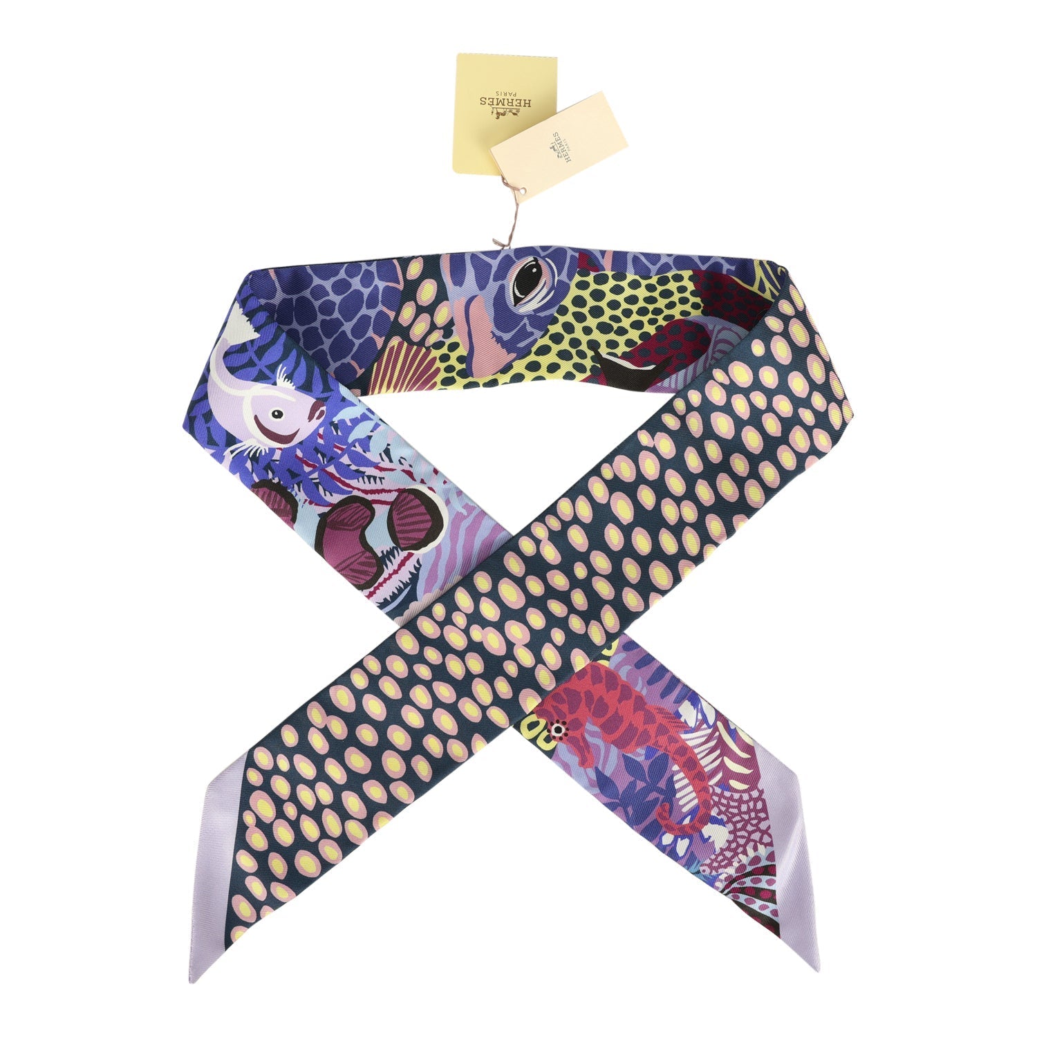 Hermes "Under the Waves" Mauve, Marine and Jaune Silk Twilly Pair