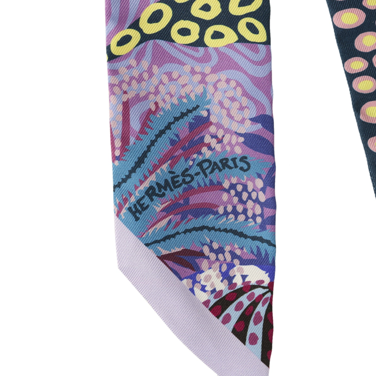 Hermes "Under the Waves" Mauve, Marine and Jaune Silk Twilly Pair