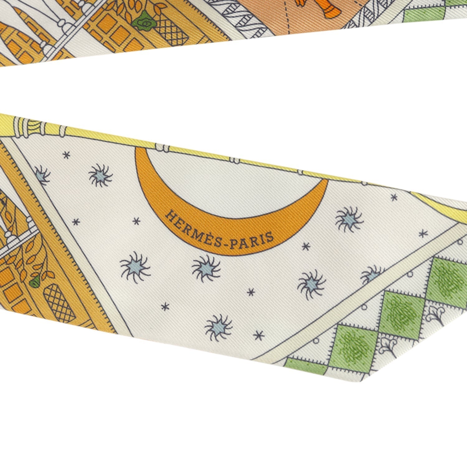 Hermes "Objets De Curiosite" Gris Bleute, Miel Multi Silk Twilly Pair