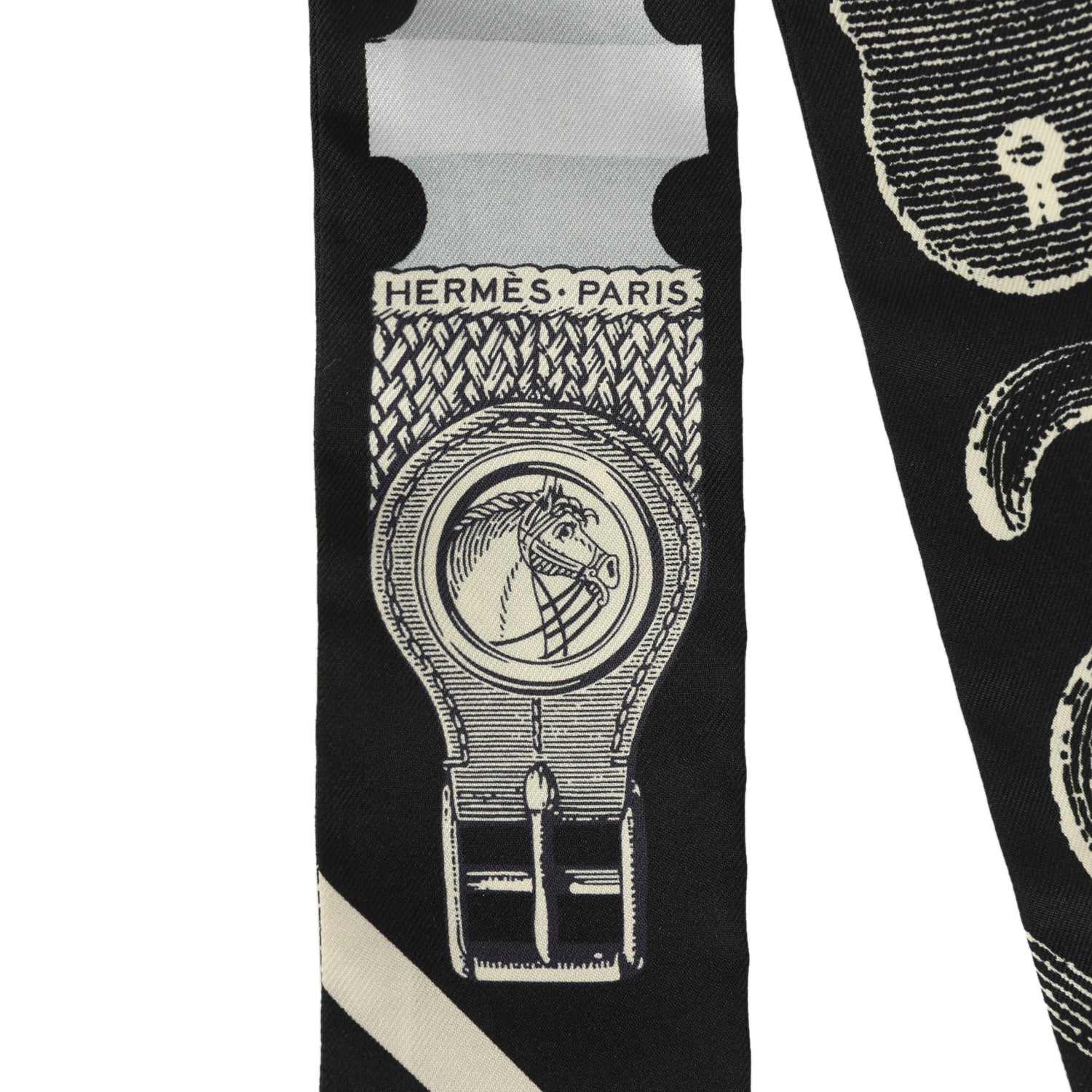 Hermes "Inventaire Poetique De Brides A Bloc" Gris, Creme and Black Multi Silk Twilly
