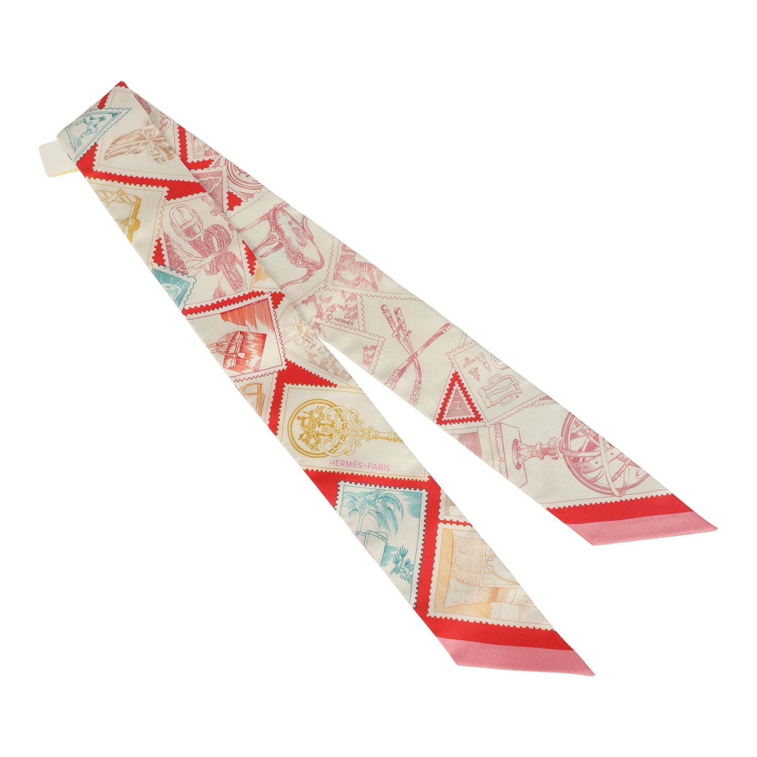 Hermes "Le Philateliste Du Faubourg" Rose and Rouge Multi Silk Twilly Pair