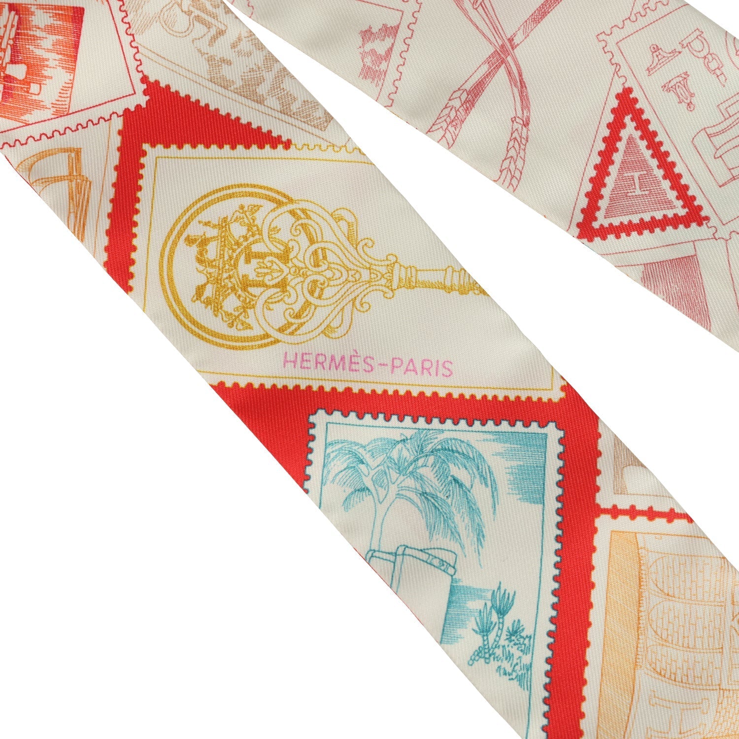 Hermes "Le Philateliste Du Faubourg" Rose and Rouge Multi Silk Twilly Pair