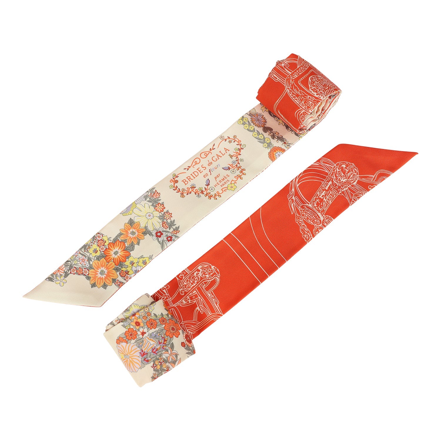 Hermes "Brides de Gala En Fleur" Vanille, Orange and Kaki Multi Silk Twilly Pair