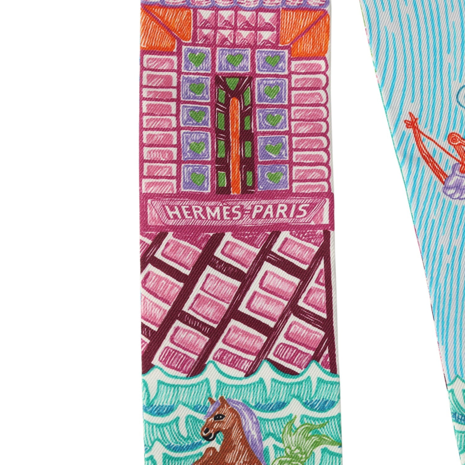 Hermes "Super Silk Quest" Rose, Turquoise, Orange Multi Silk Twilly