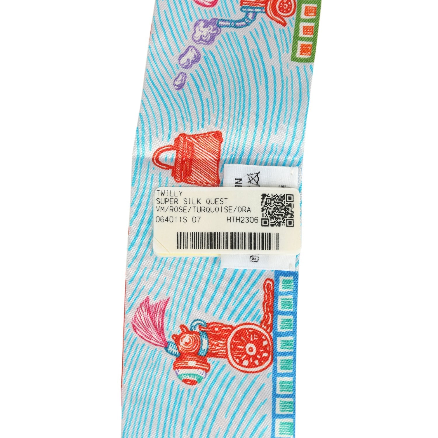 Hermes "Super Silk Quest" Rose, Turquoise, Orange Multi Silk Twilly