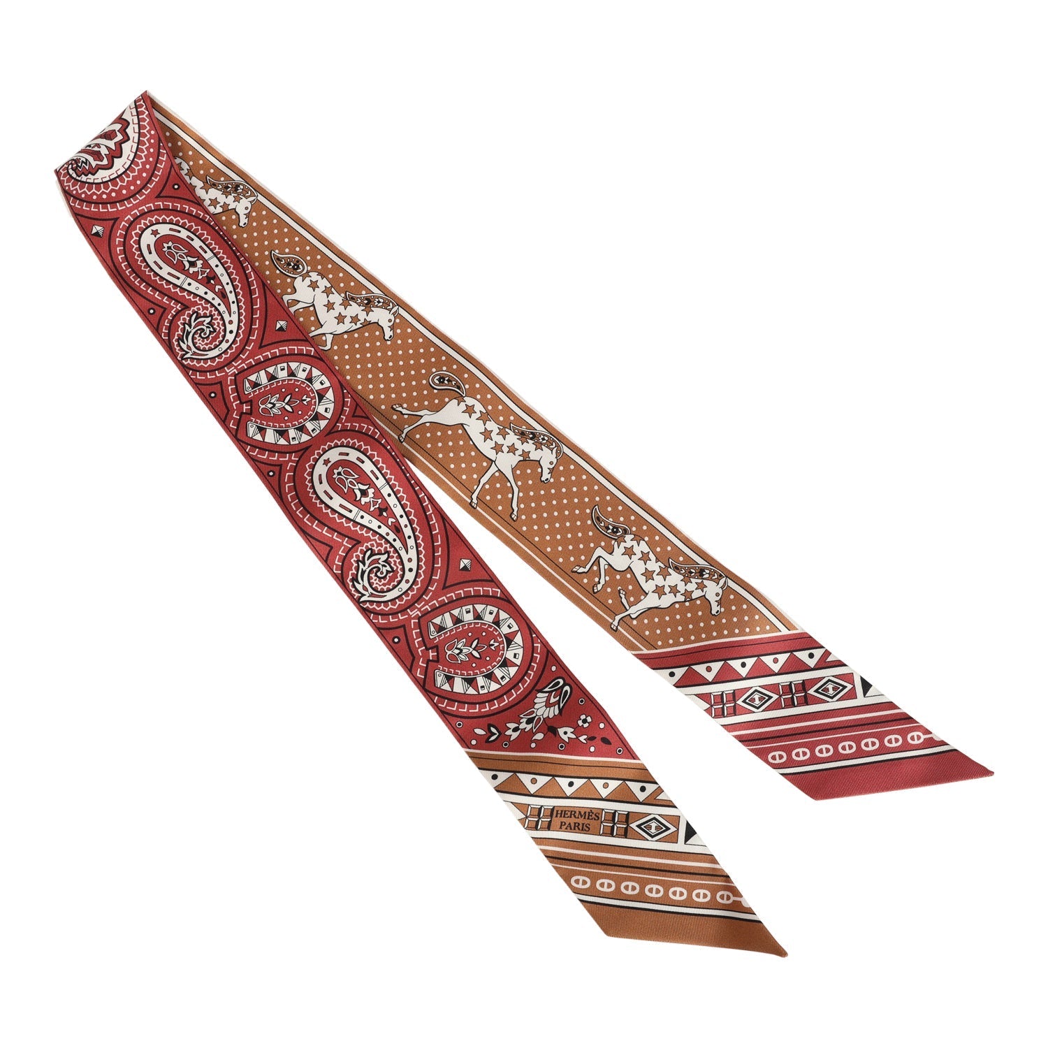 Hermes "Cheval De Coeur Bandana" Caramel, Terre De Sienne and Blanc Multi Silk Twilly Pair