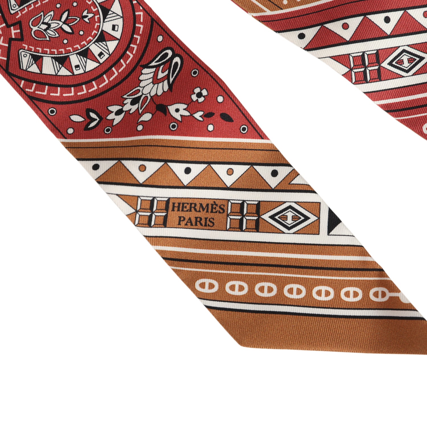 Hermes "Cheval De Coeur Bandana" Caramel, Terre De Sienne and Blanc Multi Silk Twilly Pair