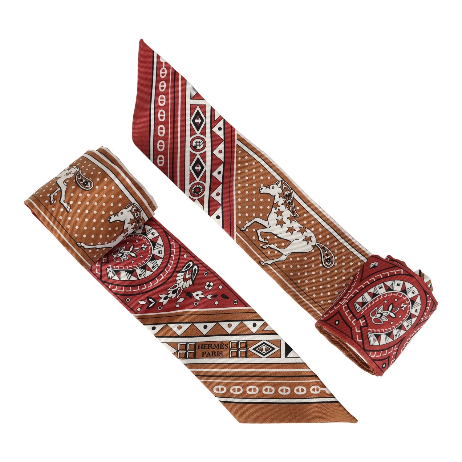 Hermes "Cheval De Coeur Bandana" Caramel, Terre De Sienne and Blanc Multi Silk Twilly Pair