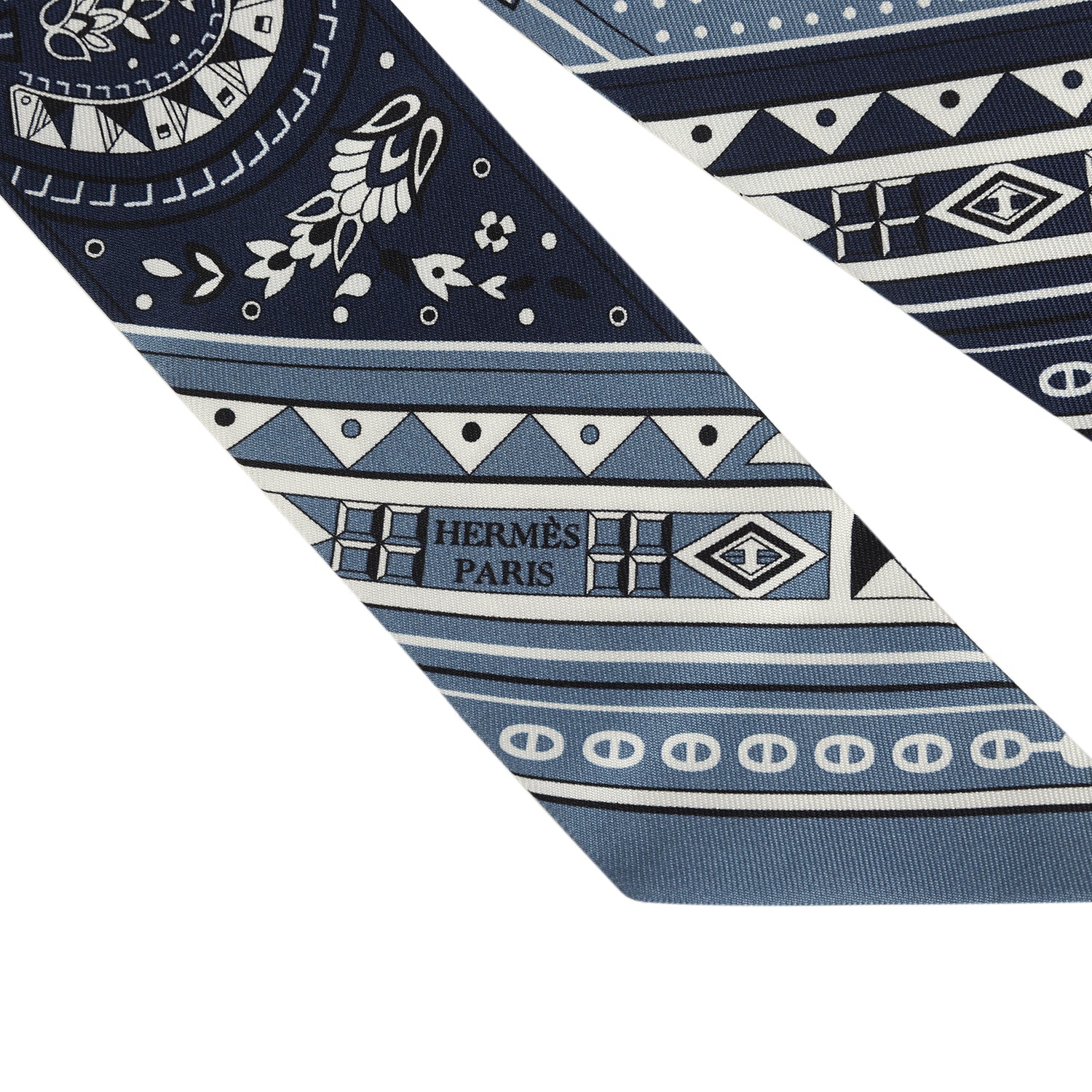 Hermes "Cheval De Coeur Bandana" Blue Jean, Marine and Blanc Multi Silk Twilly Pair