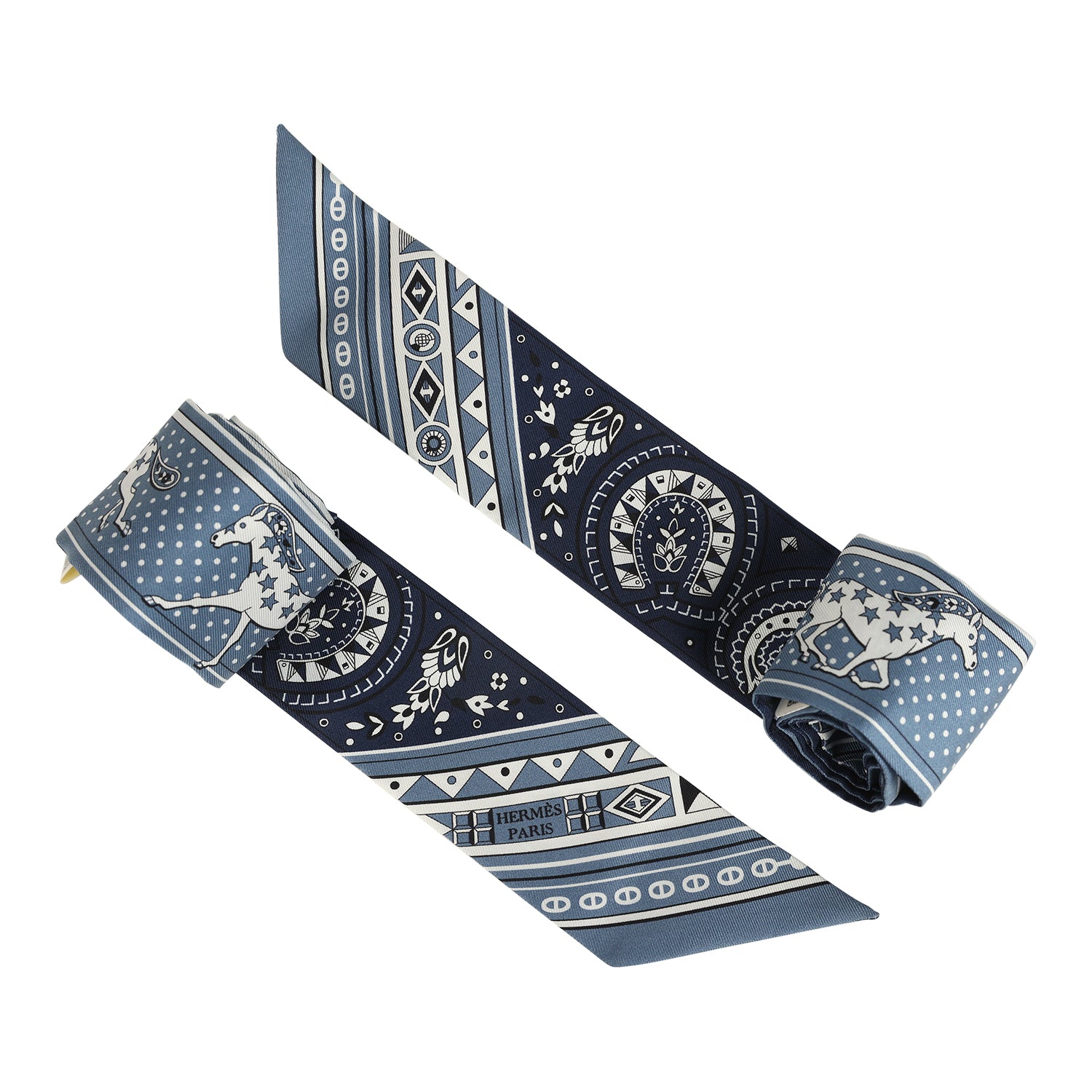 Hermes "Cheval De Coeur Bandana" Blue Jean, Marine and Blanc Multi Silk Twilly Pair