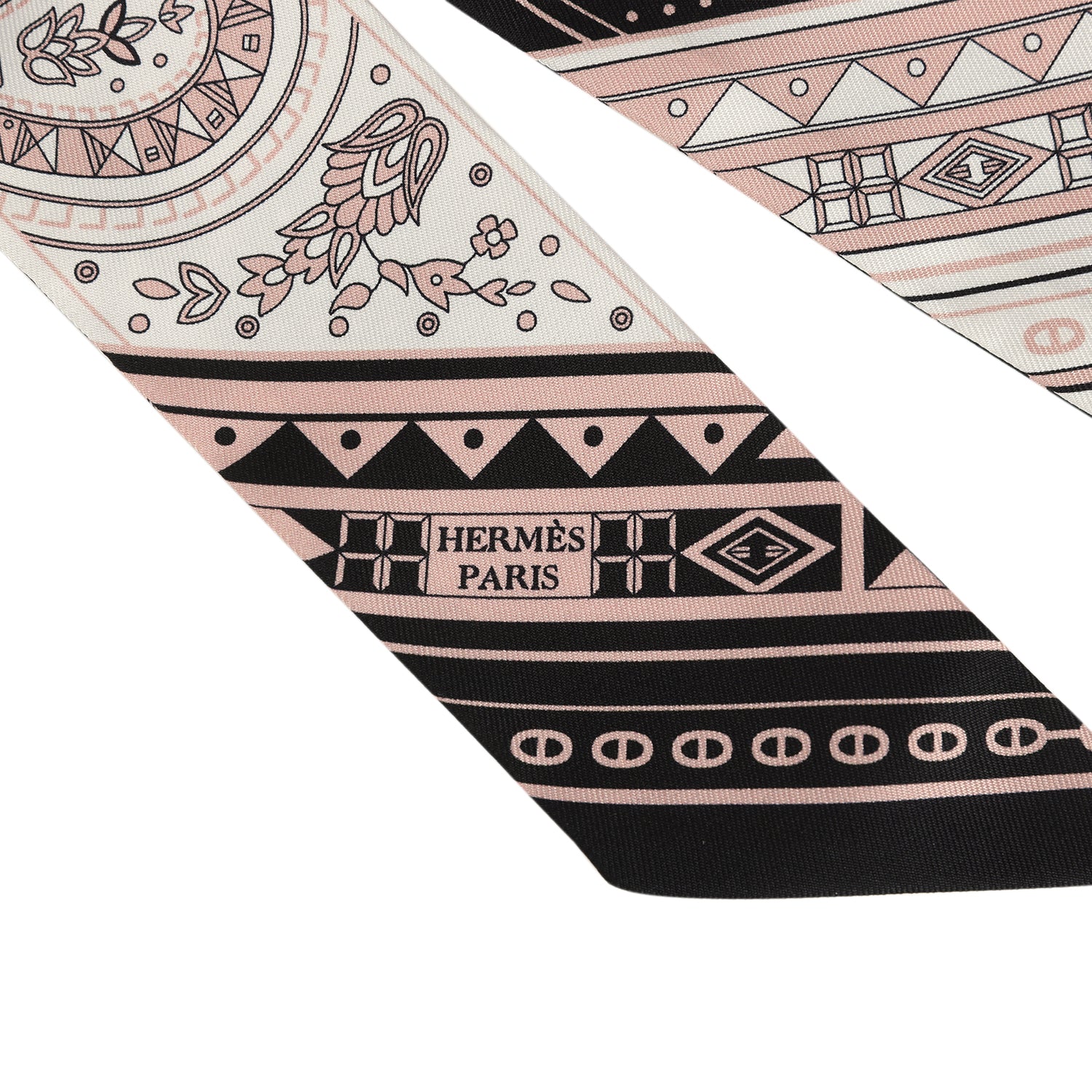 Hermes "Cheval De Coeur Bandana" Black, Blanc and Vieux Rose Multi Silk Twilly Pair