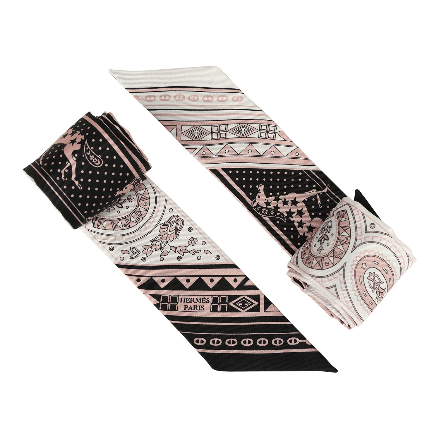 Hermes "Cheval De Coeur Bandana" Black, Blanc and Vieux Rose Multi Silk Twilly Pair