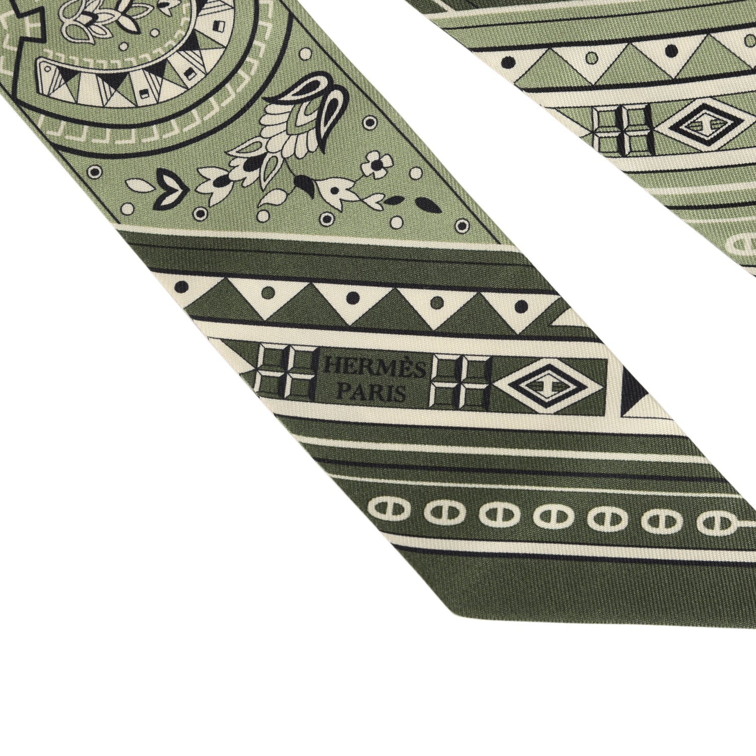 Hermes "Cheval De Coeur Bandana" Loden, Kaki and Creme Multi Silk Twilly Pair
