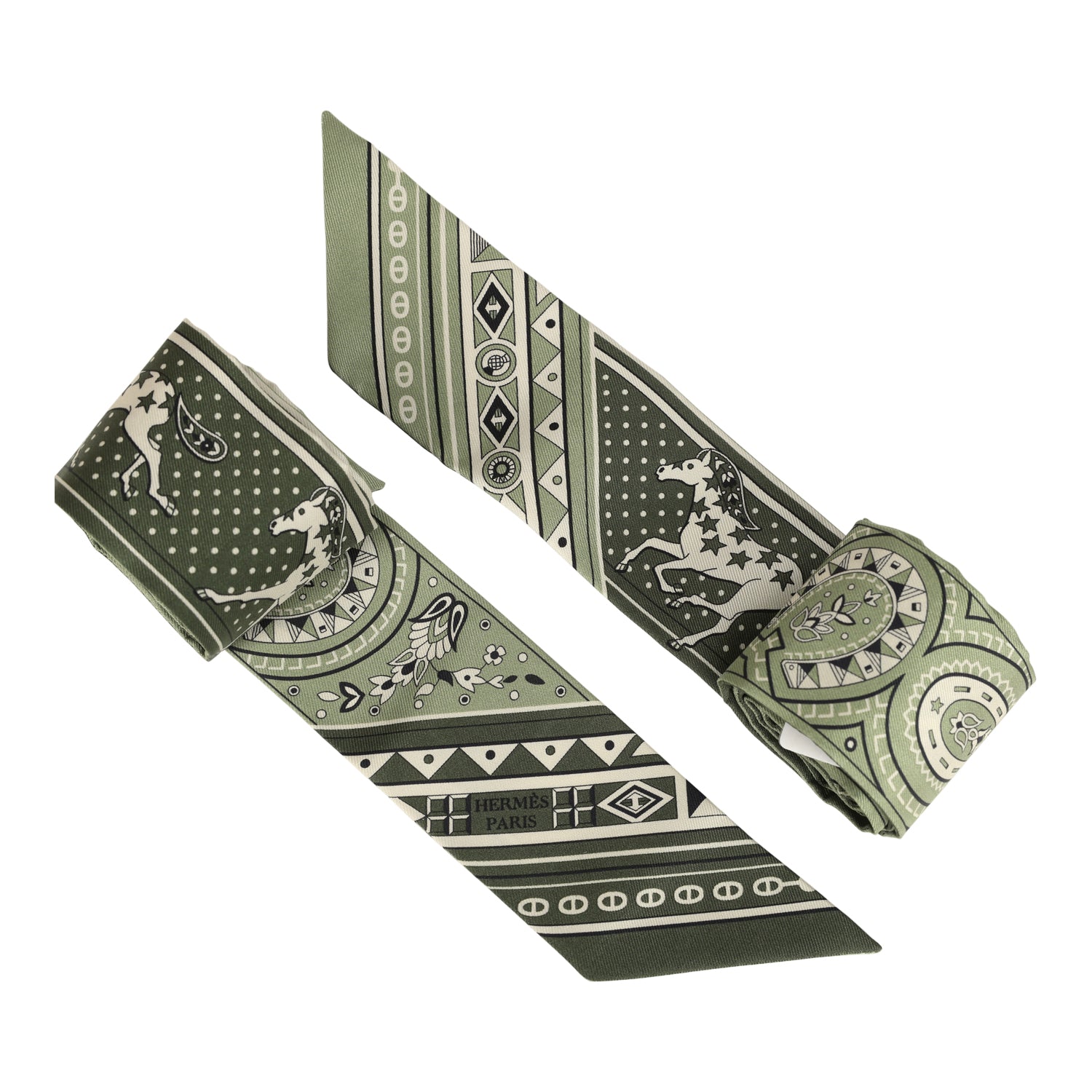 Hermes "Cheval De Coeur Bandana" Loden, Kaki and Creme Multi Silk Twilly Pair