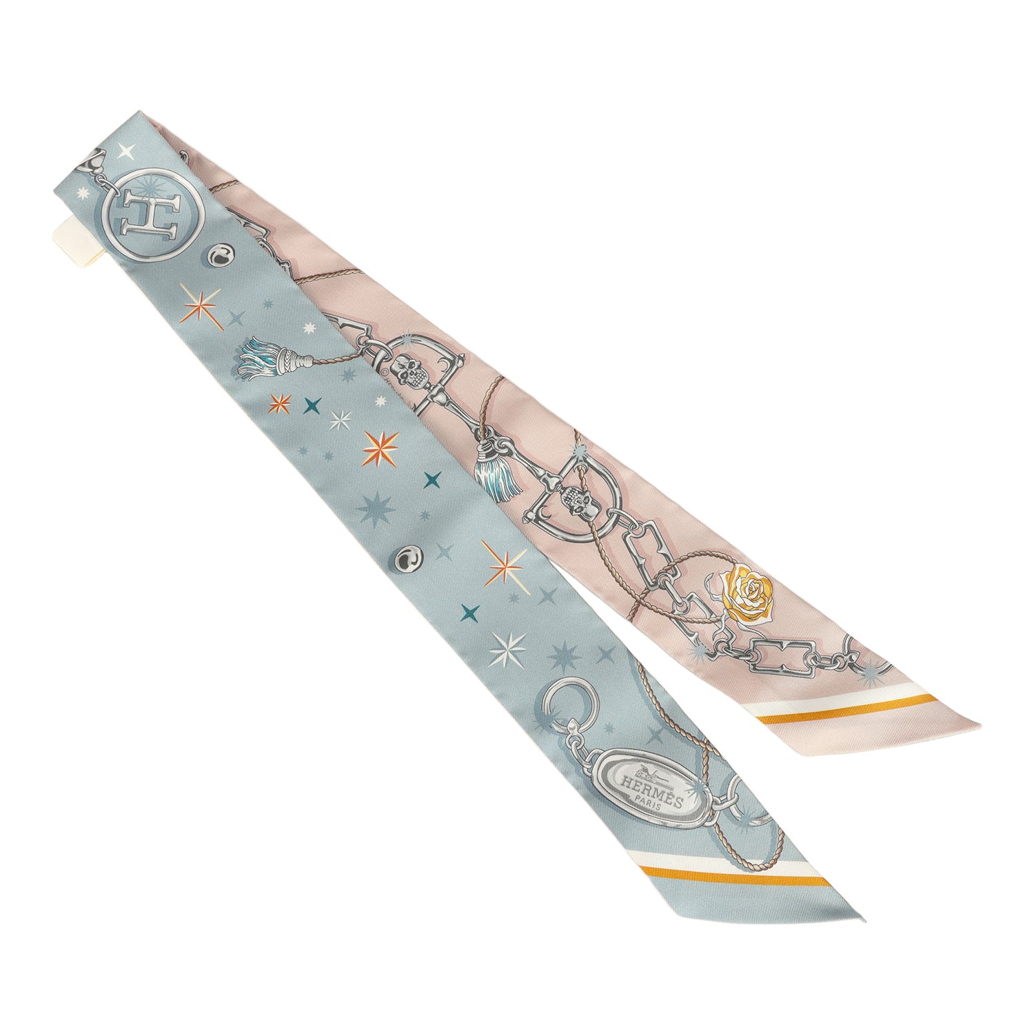 Hermes "C'est La Fete" Bleu Glacier, Rose Poudre and Gris Multi Silk Twilly