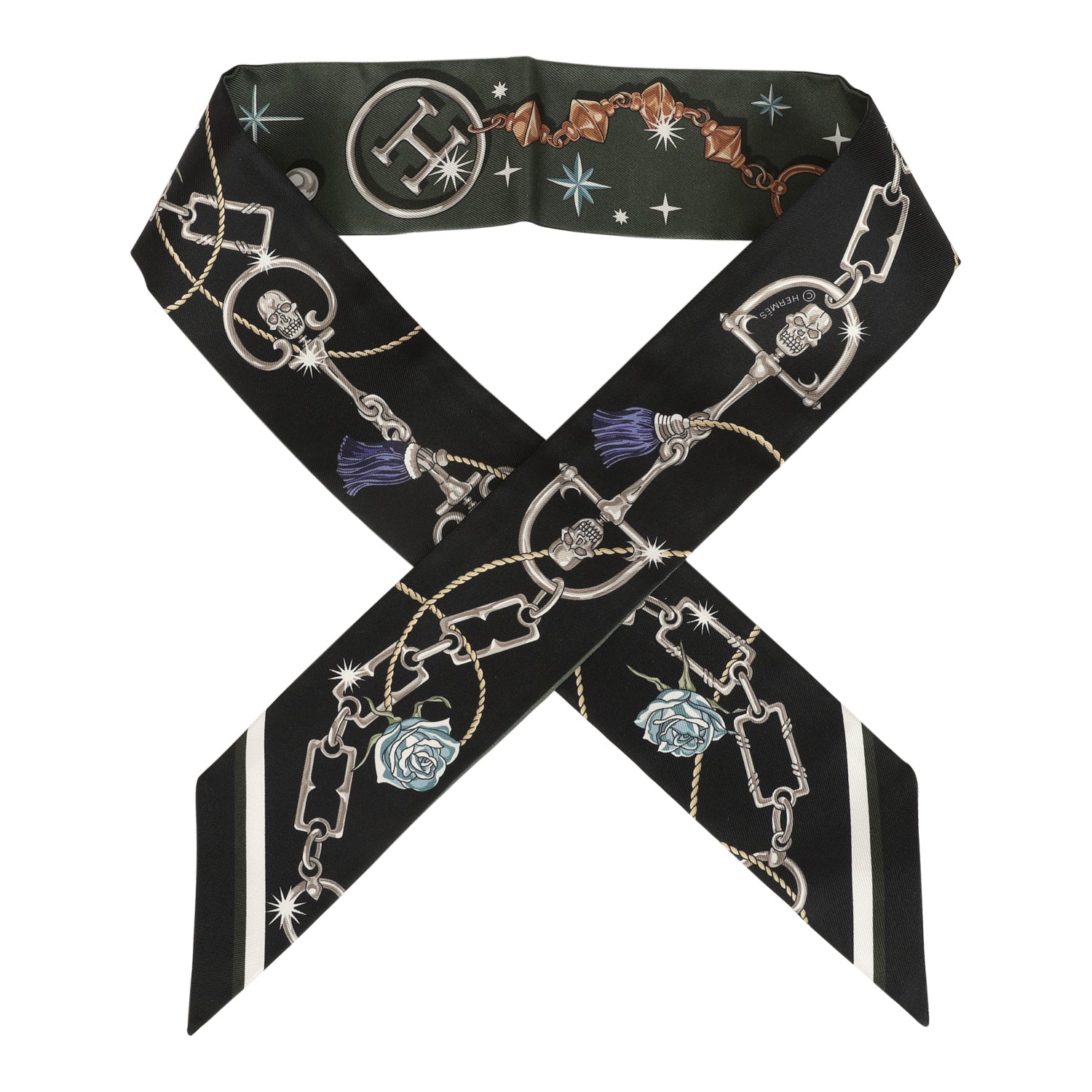 Hermes "C'est La Fete" Kaki Fonce, Blanc and Black Multi Silk Twilly