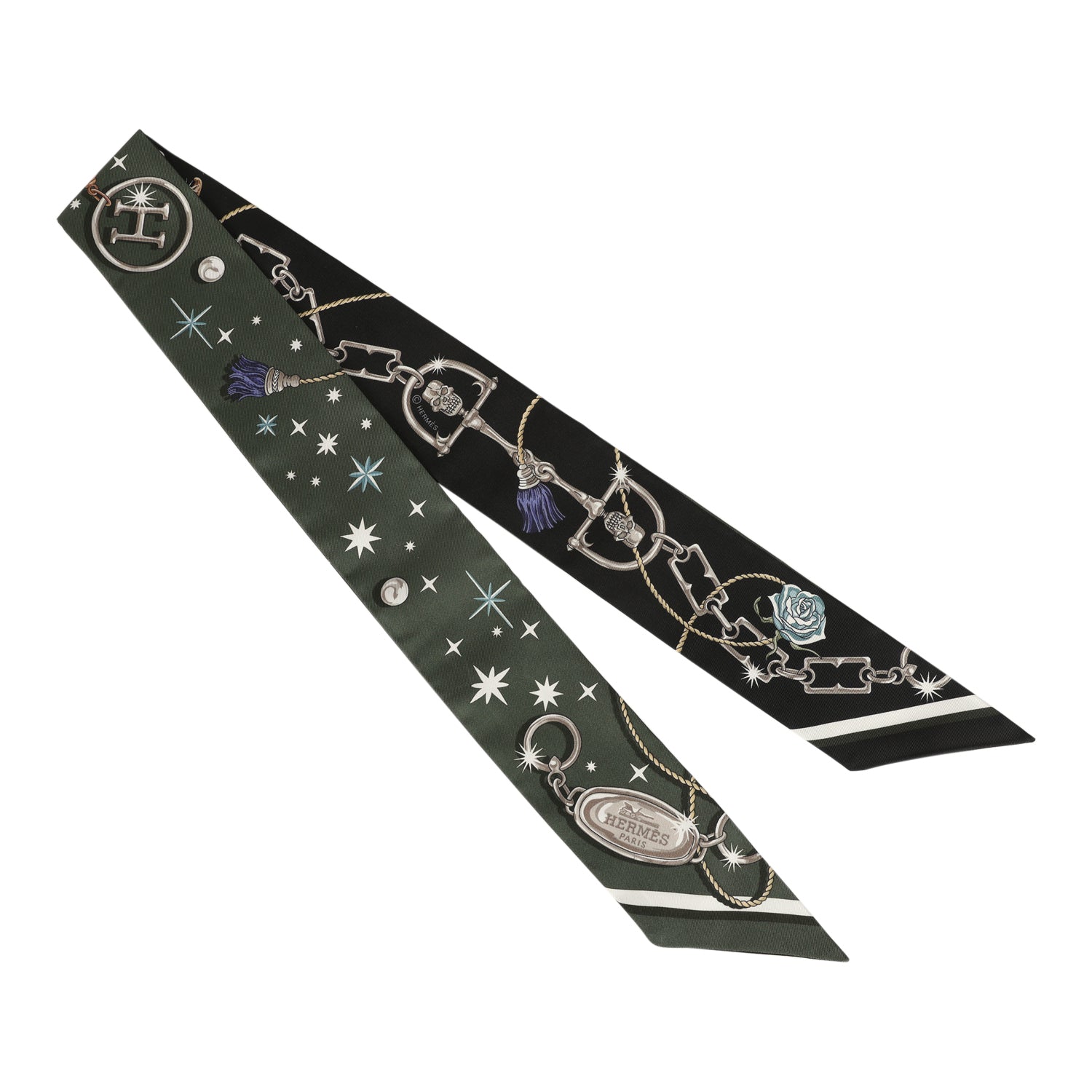 Hermes "C'est La Fete" Kaki Fonce, Blanc and Black Multi Silk Twilly