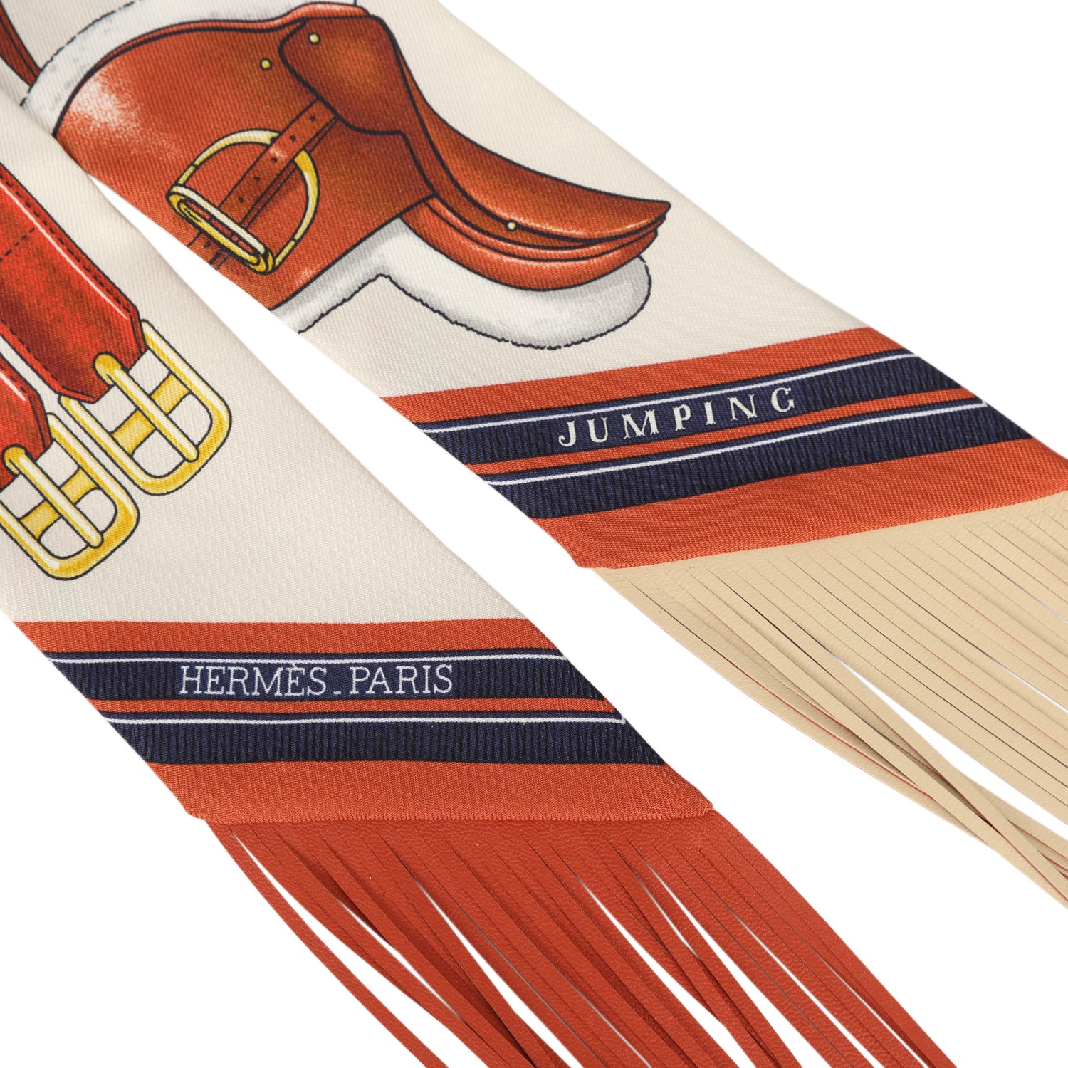 Hermes "Jumping Leather" Crème, Alezan and Anthracite Fringe Silk Twilly