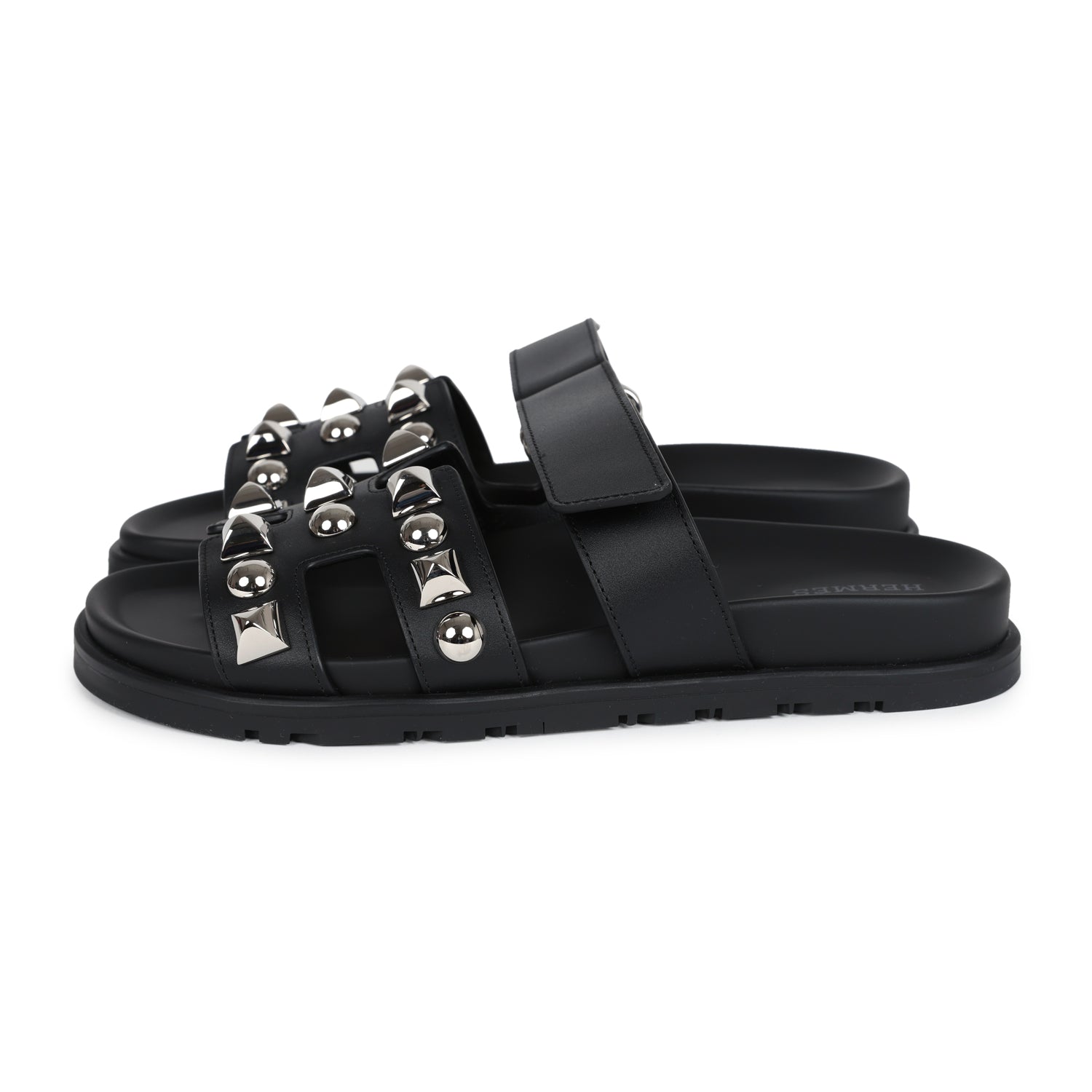 Hermes Chypre Techno Sandals Black Studded Calfskin Palladium Hardware 37.5 EU