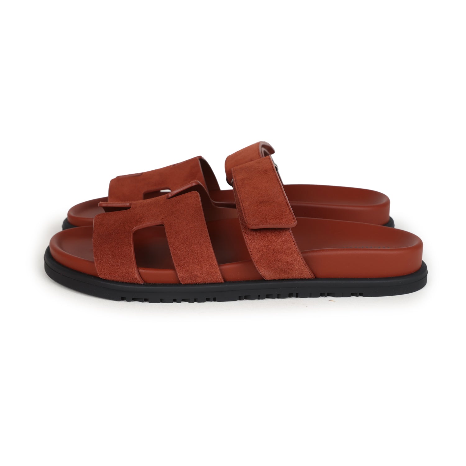 Hermes Chypre Techno Sandals Maroon Muscavado Suede Palladium Hardware 38.5 EU