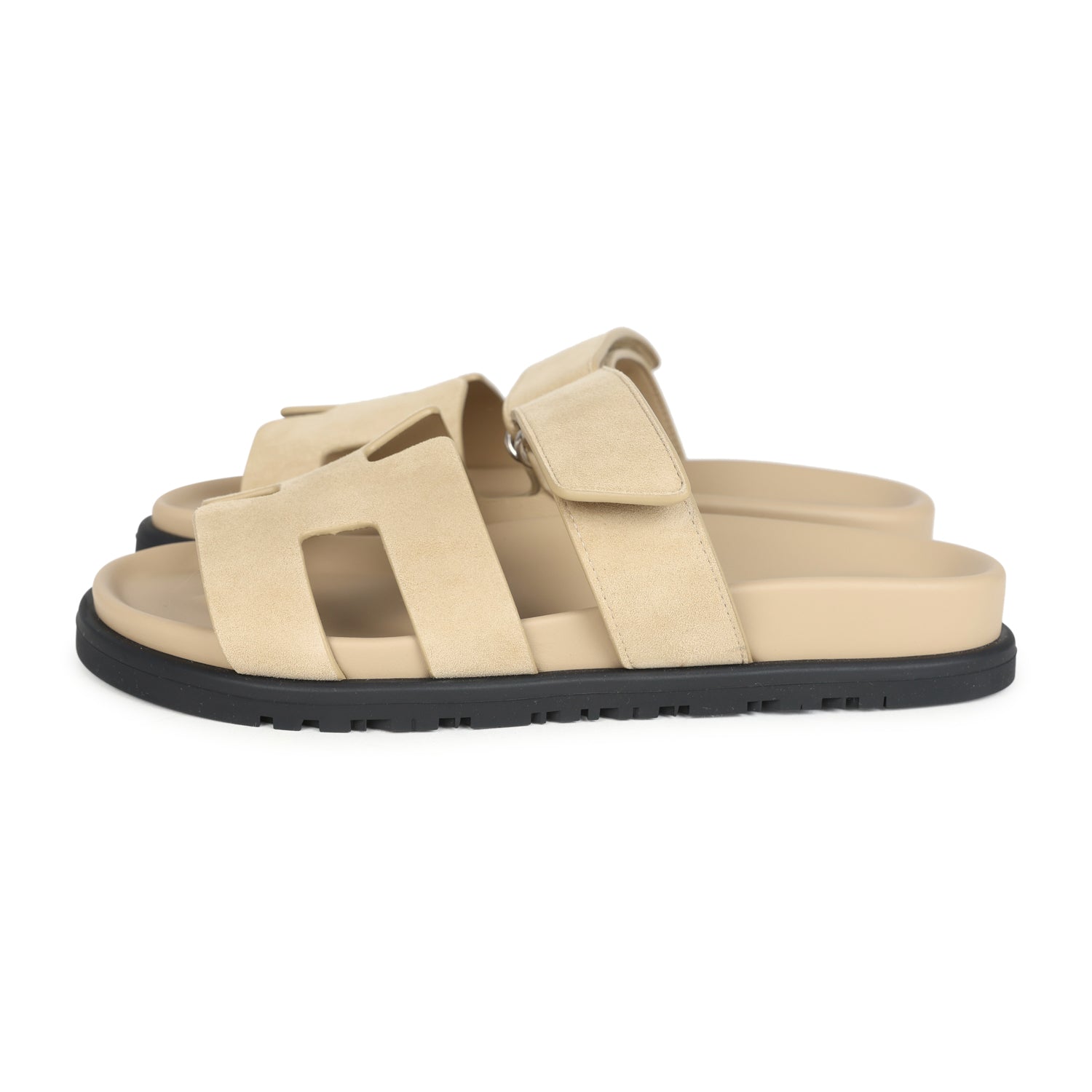 Hermes Chypre Techno Sandals Beige Lin Suede Palladium Hardware 35 EU