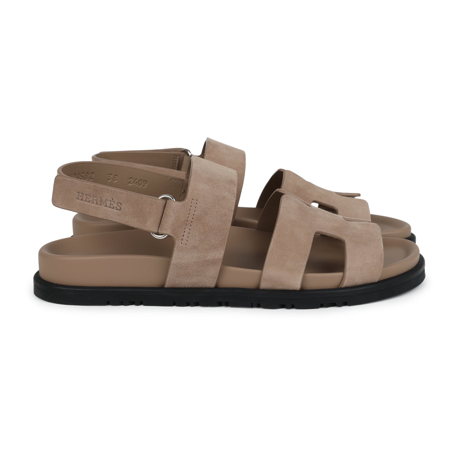 Hermes Chypre Genius Sandals Beige Lin Suede Palladium Hardware 38 EU