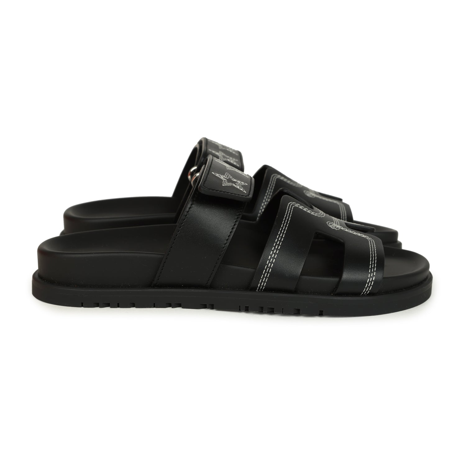 Hermes Embroidered Chypre Techno Sandals Black Calfskin Palladium Hardware 36 EU