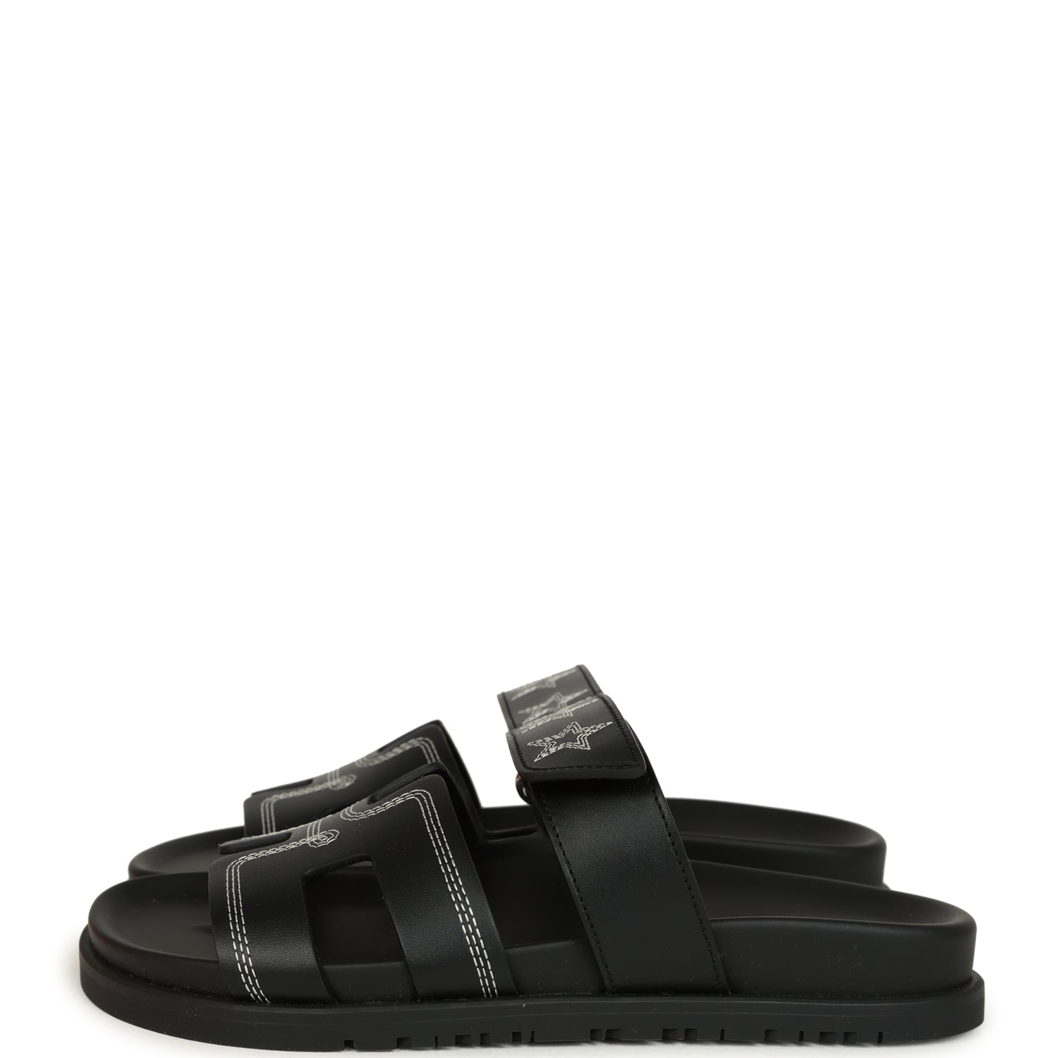 Hermes Embroidered Chypre Techno Sandals Black Calfskin Palladium Hardware 36 EU