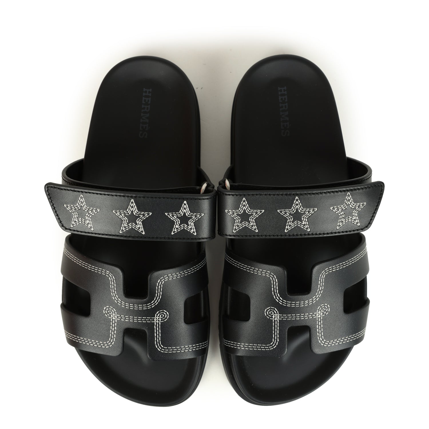 Hermes Embroidered Chypre Techno Sandals Black Calfskin Palladium Hardware 36 EU