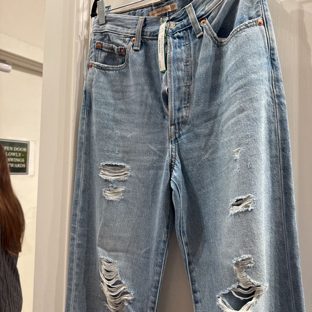 Blue Straight Leg Distressed Jeans