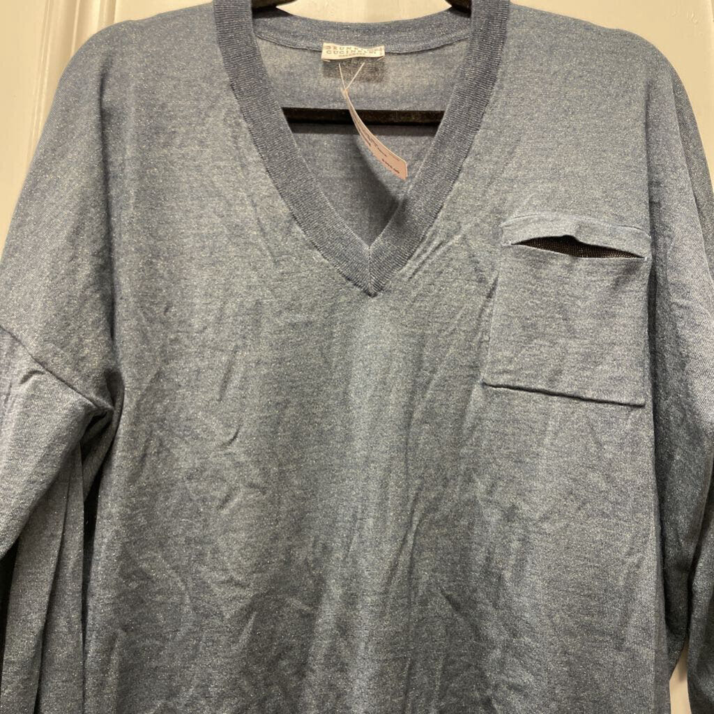 Blue Cashmere Metallic V-Neck Sweater